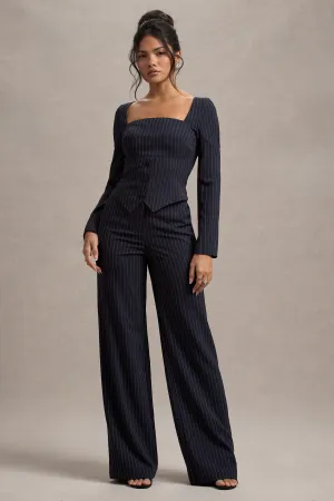 New York | Navy Pinstripe Tailored Wide-Leg Trousers Club L London