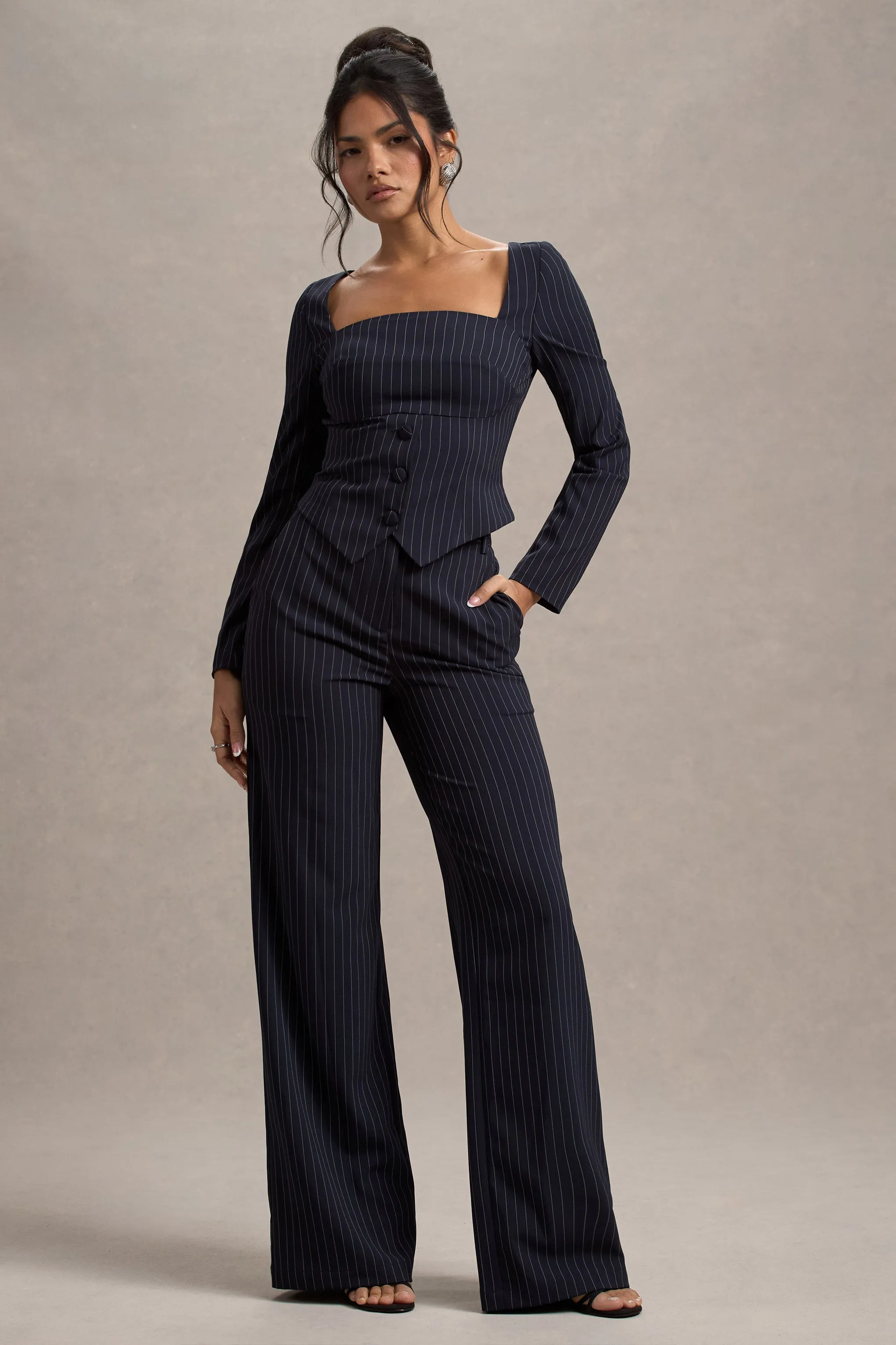 New York | Navy Pinstripe Tailored Wide-Leg Trousers Club L London