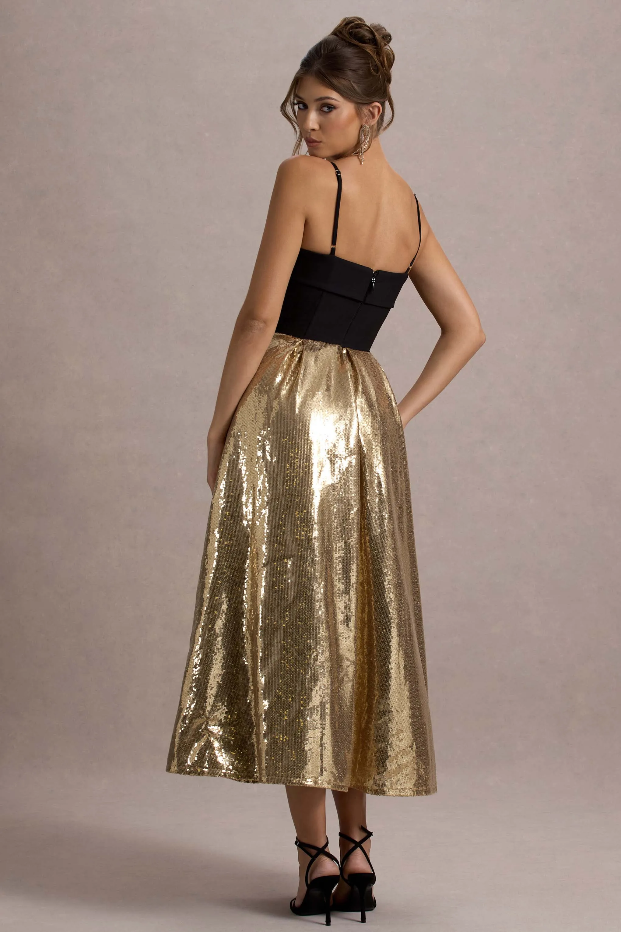 Nicci | Black & Gold Strappy Midi Dress With Sequin Skirt Club L London