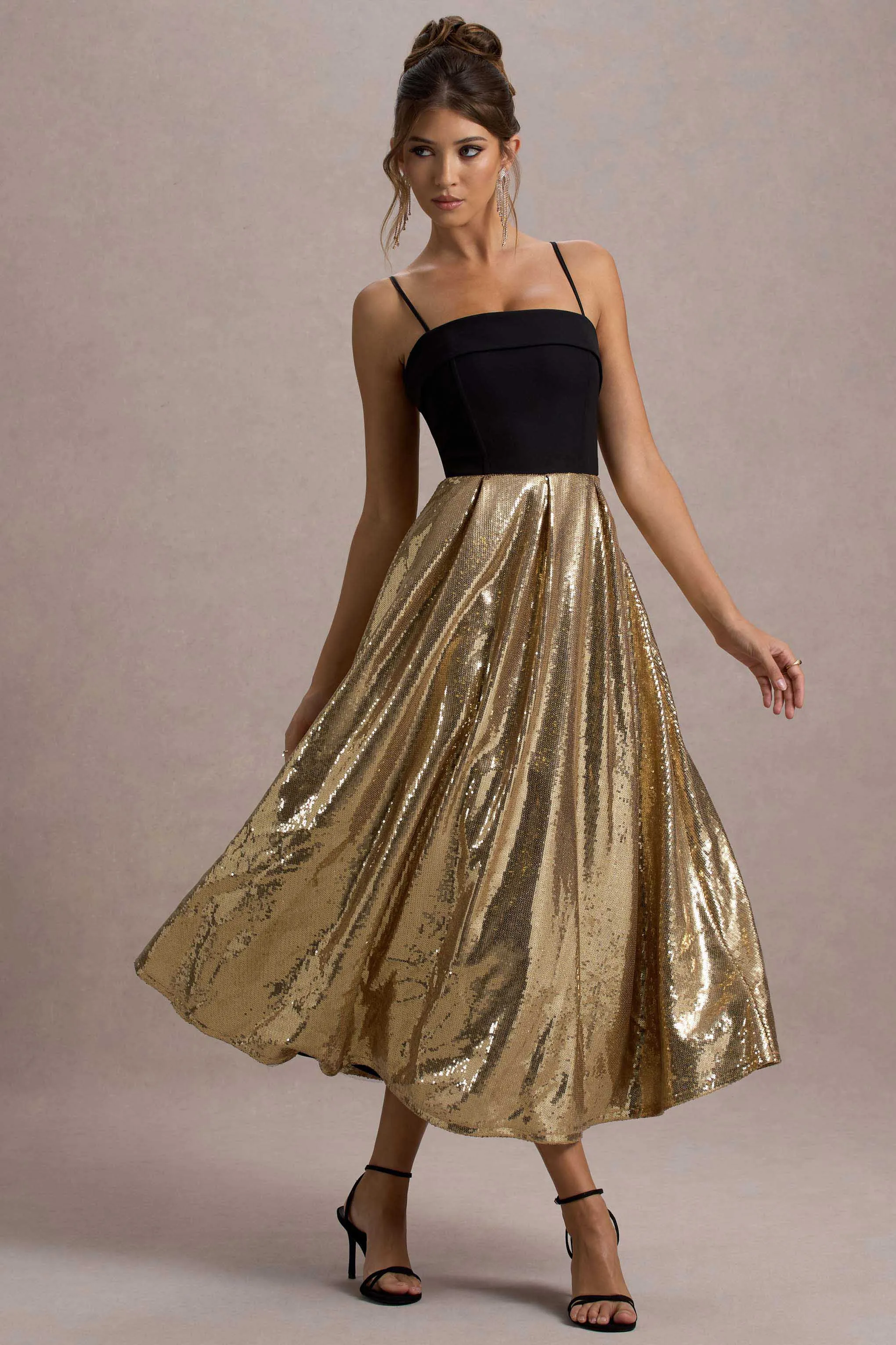 Nicci | Black & Gold Strappy Midi Dress With Sequin Skirt Club L London