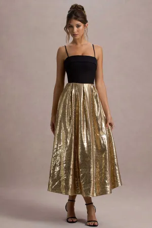 Nicci | Black & Gold Strappy Midi Dress With Sequin Skirt Club L London