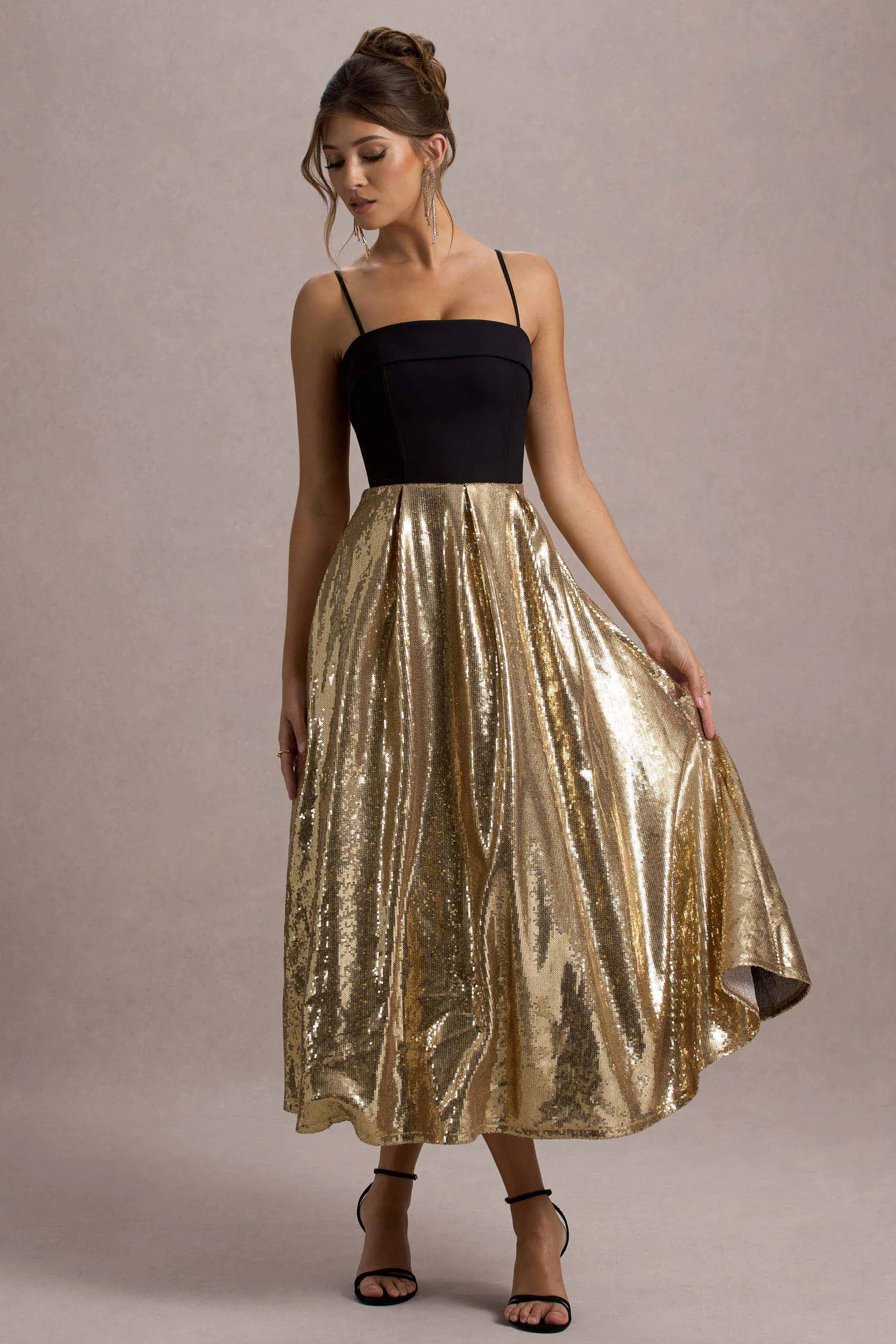 Nicci | Black & Gold Strappy Midi Dress With Sequin Skirt Club L London