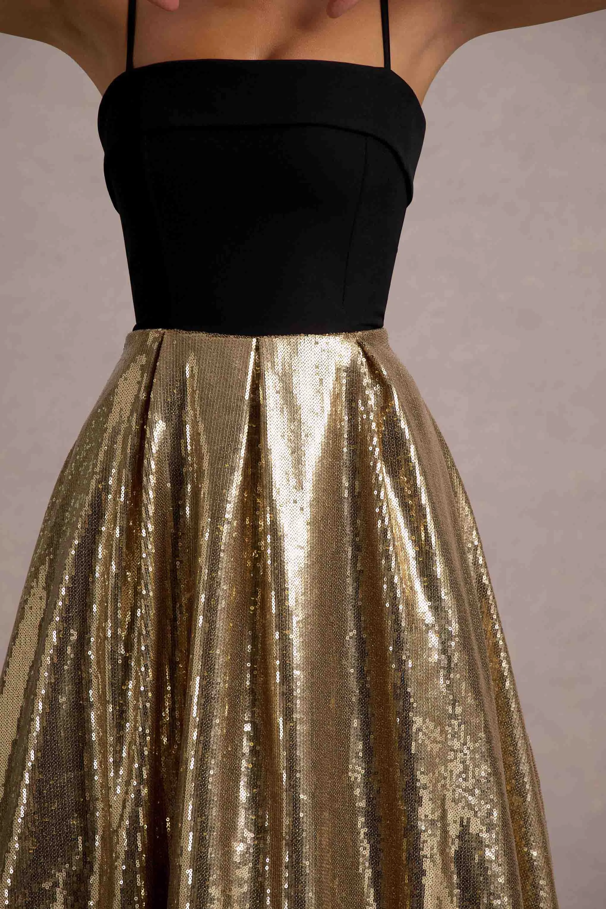Nicci | Black & Gold Strappy Midi Dress With Sequin Skirt Club L London