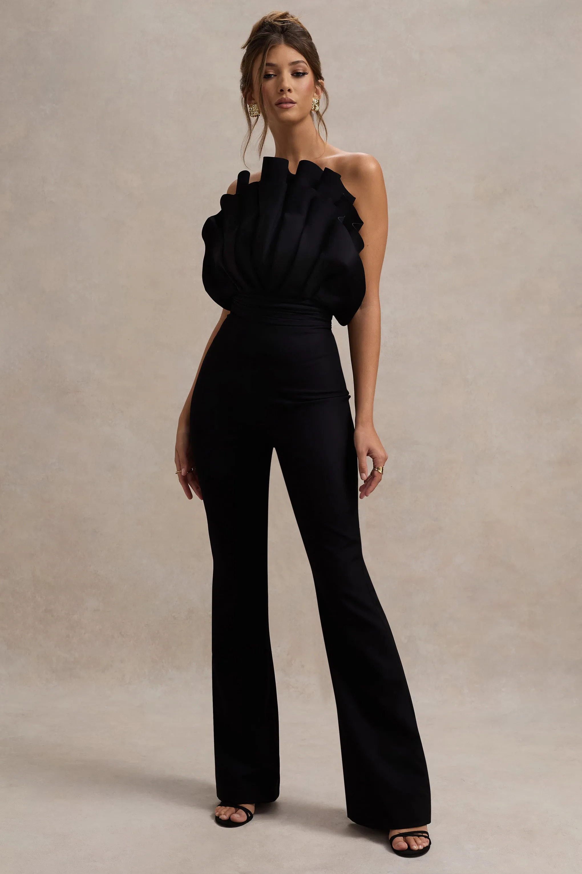 Nicia | Black Ruffled Strapless Flared-Leg Jumpsuit Club L London