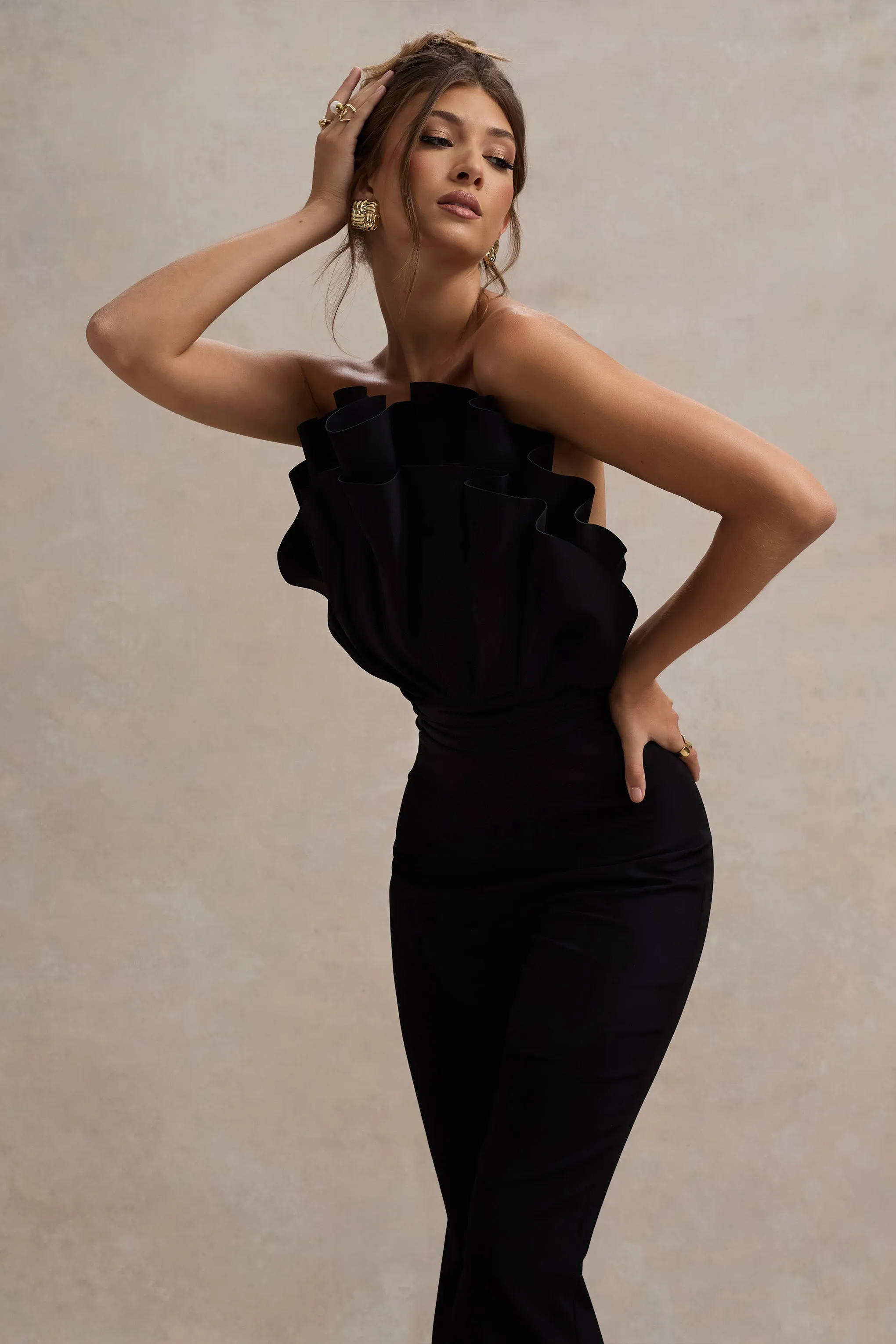 Nicia | Black Ruffled Strapless Flared-Leg Jumpsuit Club L London