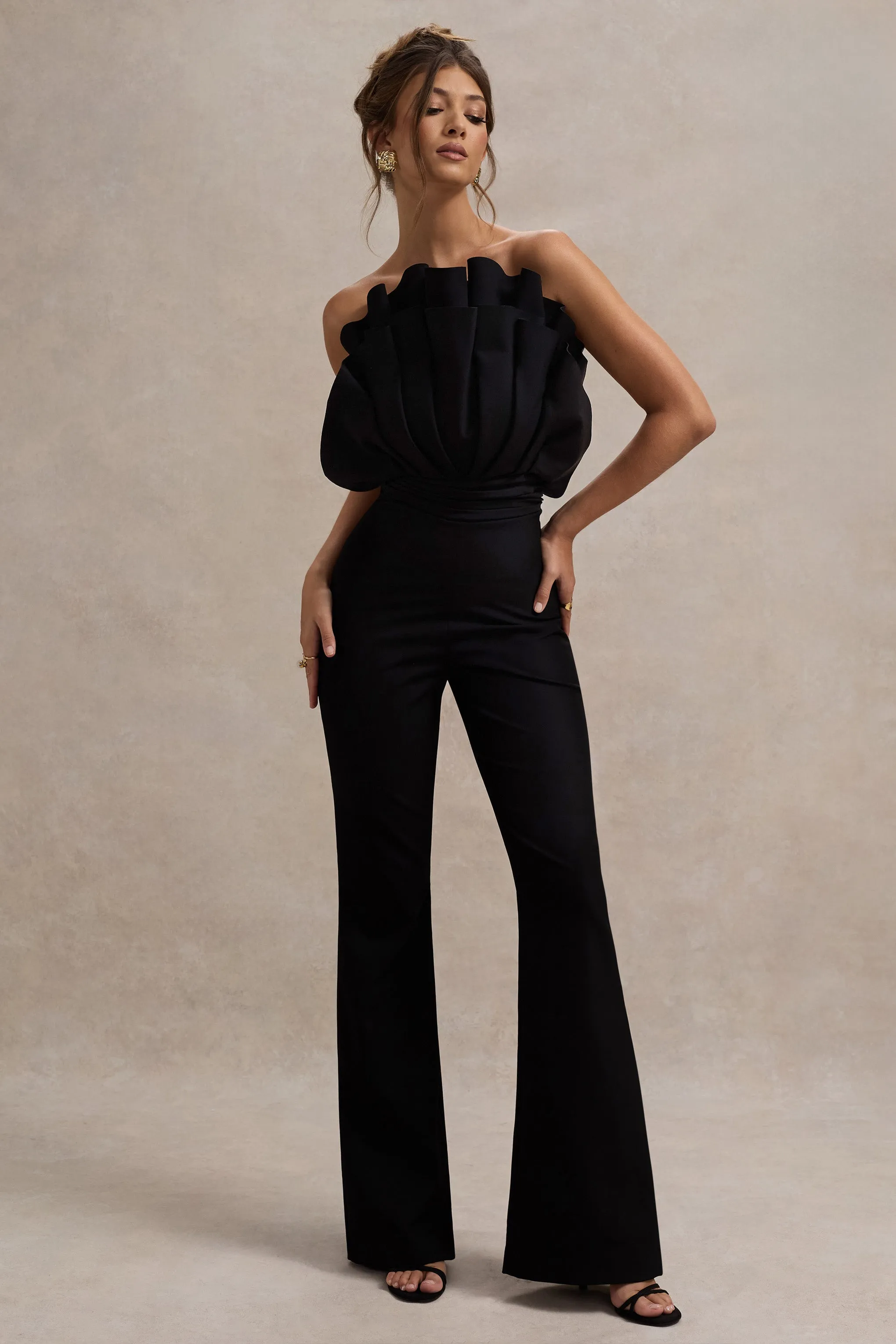 Nicia | Black Ruffled Strapless Flared-Leg Jumpsuit Club L London