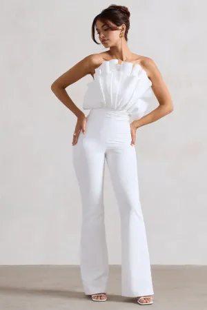 Nicia | White Ruffled Strapless Flared-Leg Jumpsuit Club L London