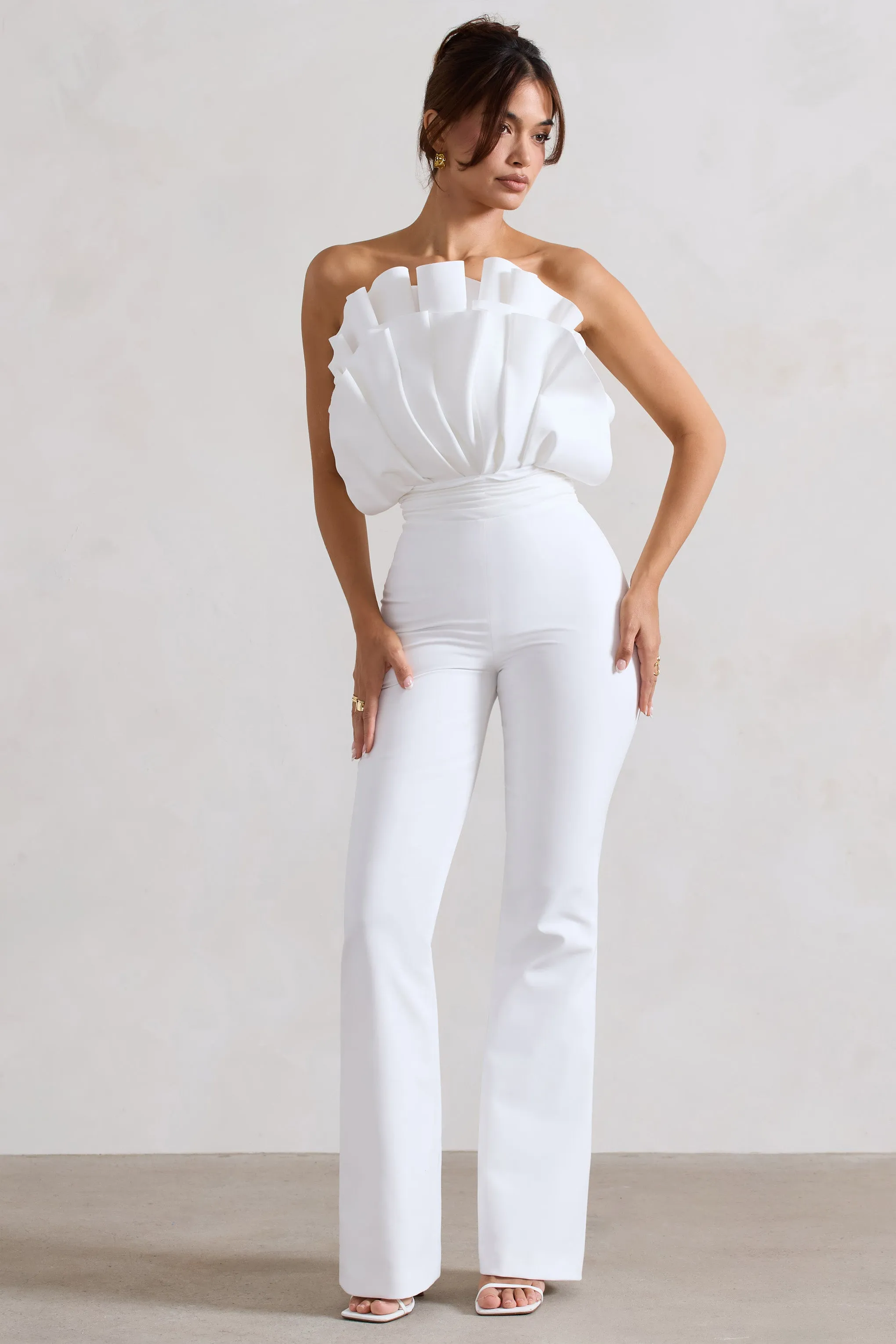 Nicia | White Ruffled Strapless Flared-Leg Jumpsuit Club L London