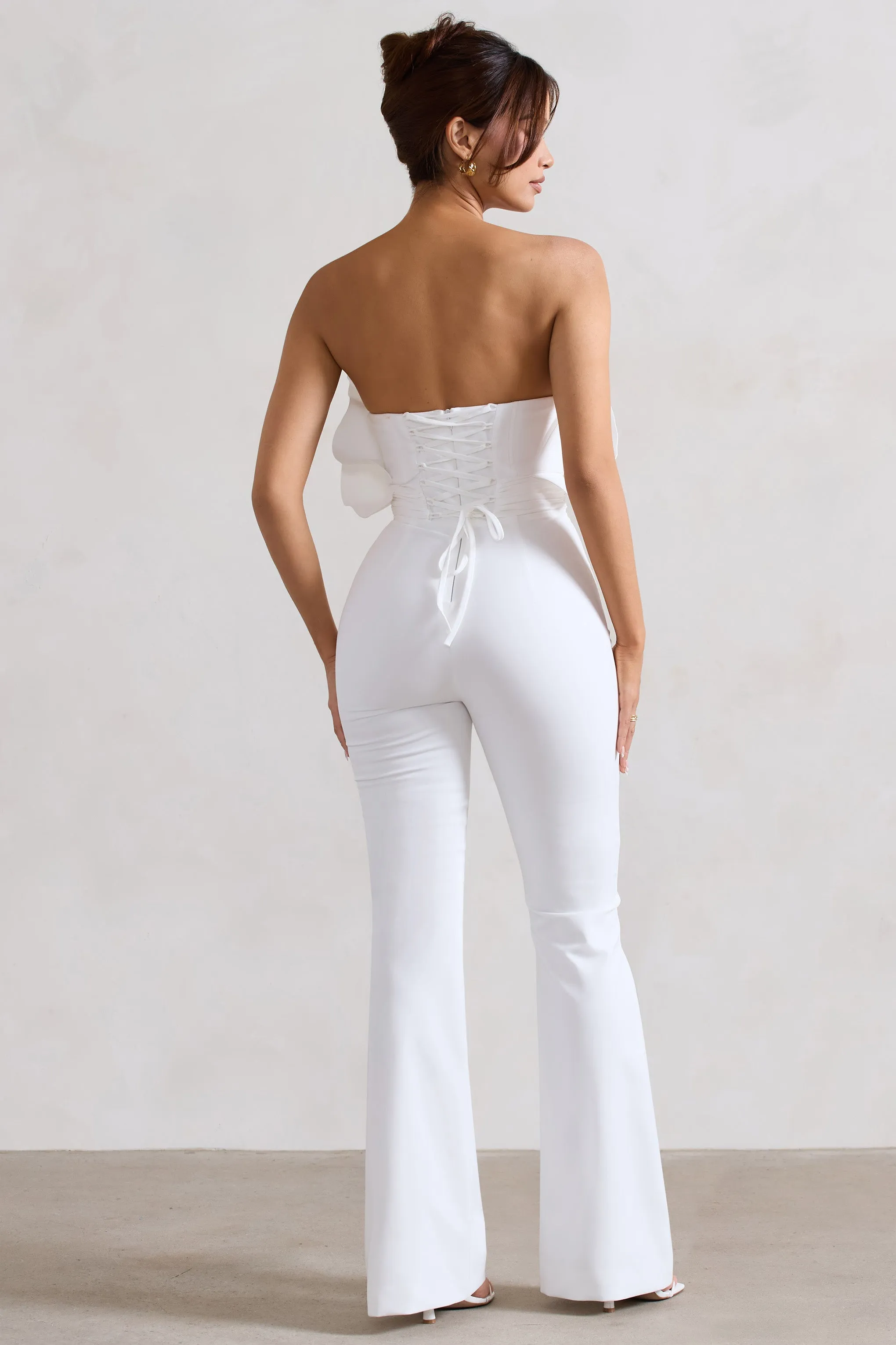 Nicia | White Ruffled Strapless Flared-Leg Jumpsuit Club L London