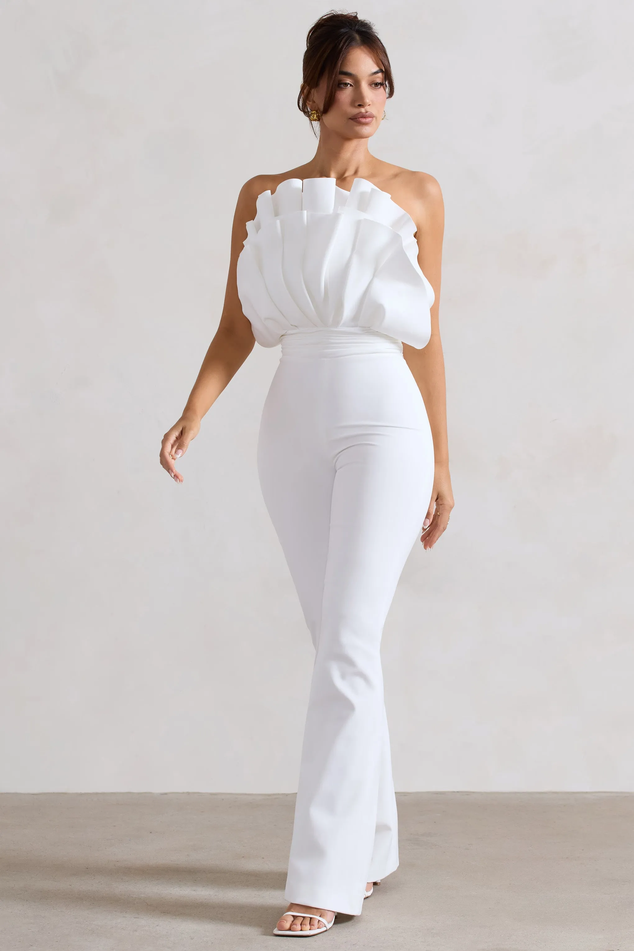 Nicia | White Ruffled Strapless Flared-Leg Jumpsuit Club L London