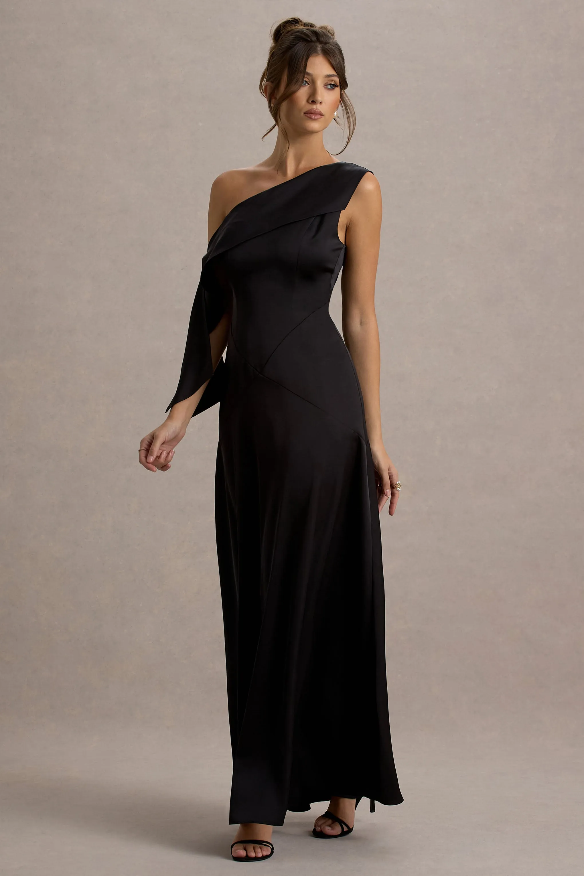 Nicola | Black Satin Asymmetric Bardot Draped Maxi Dress Club L London