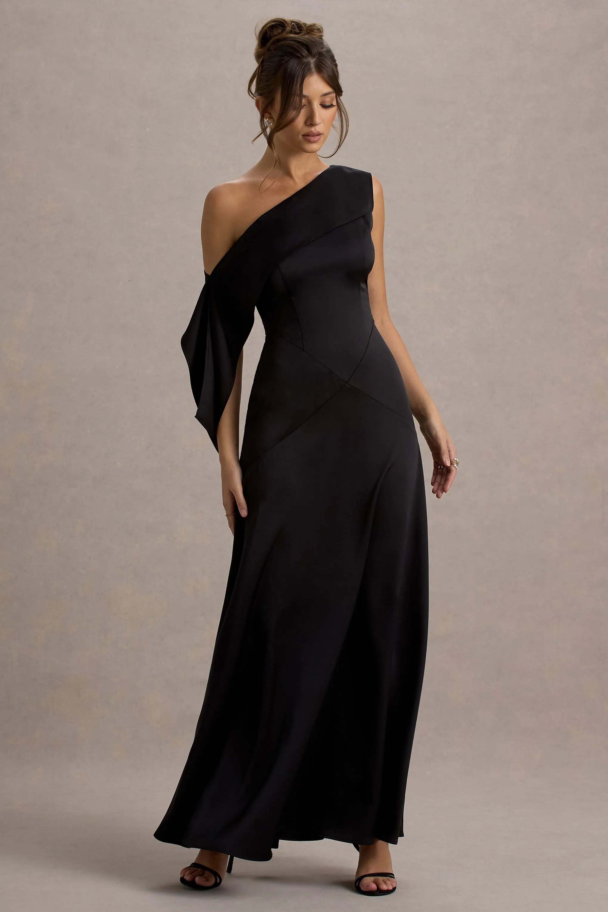 Nicola | Black Satin Asymmetric Bardot Draped Maxi Dress Club L London