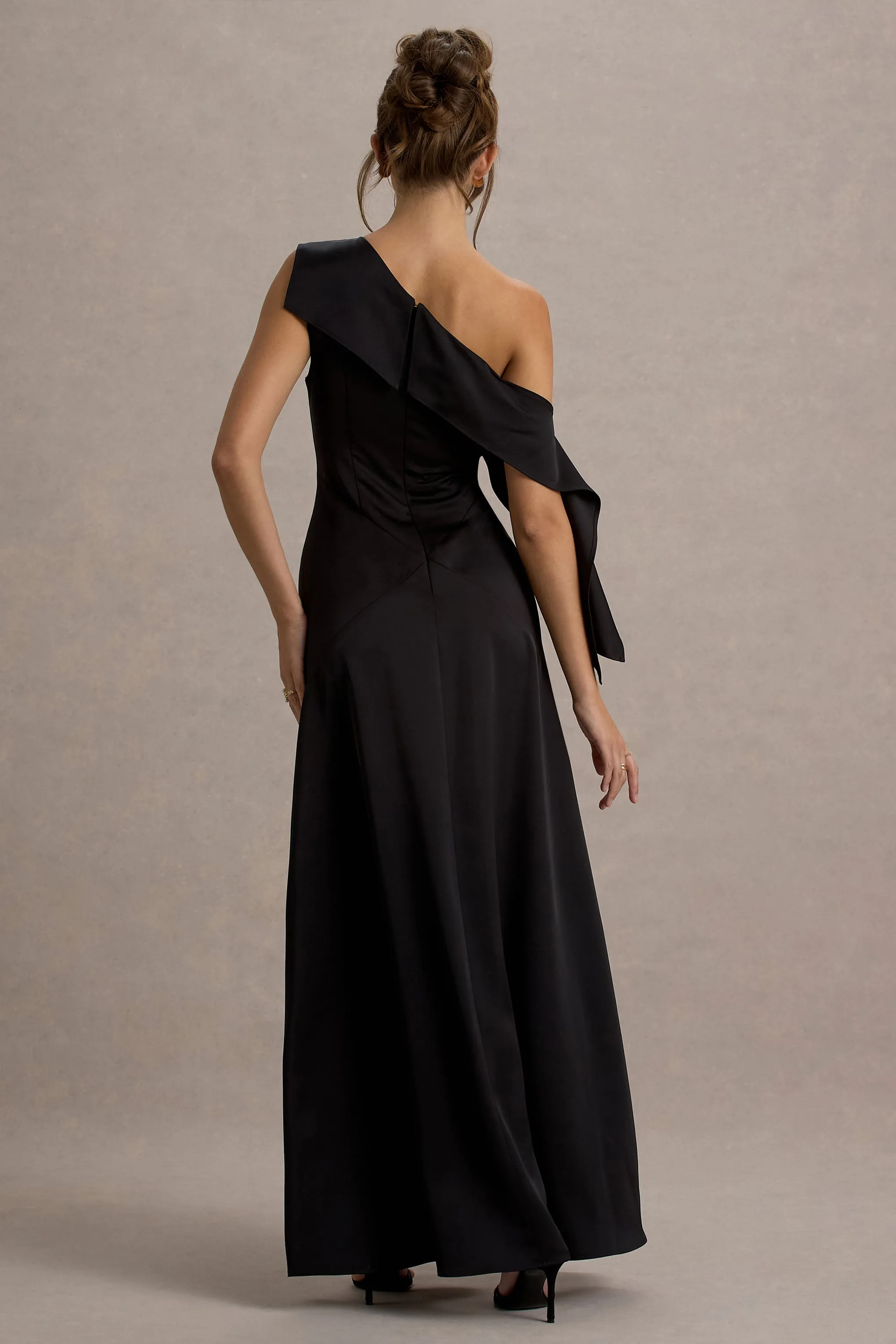 Nicola | Black Satin Asymmetric Bardot Draped Maxi Dress Club L London