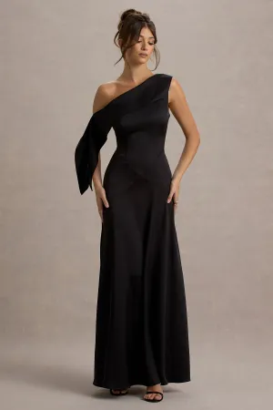 Nicola | Black Satin Asymmetric Bardot Draped Maxi Dress Club L London