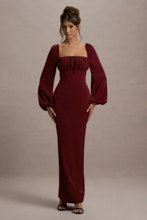 Nika | Berry Satin Square-Neck Balloon-Sleeve Maxi Dress Club L London