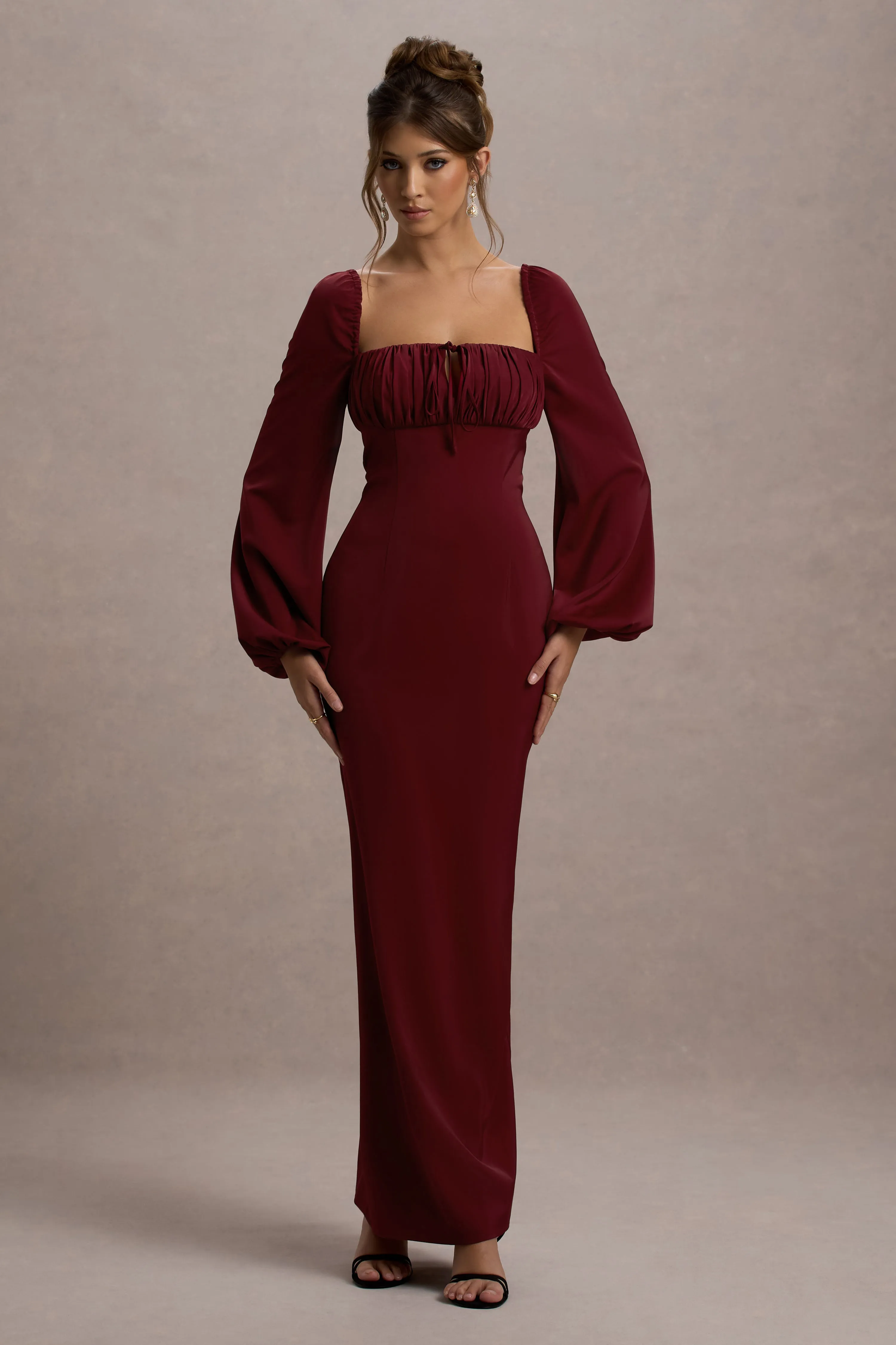 Nika | Berry Satin Square-Neck Balloon-Sleeve Maxi Dress Club L London