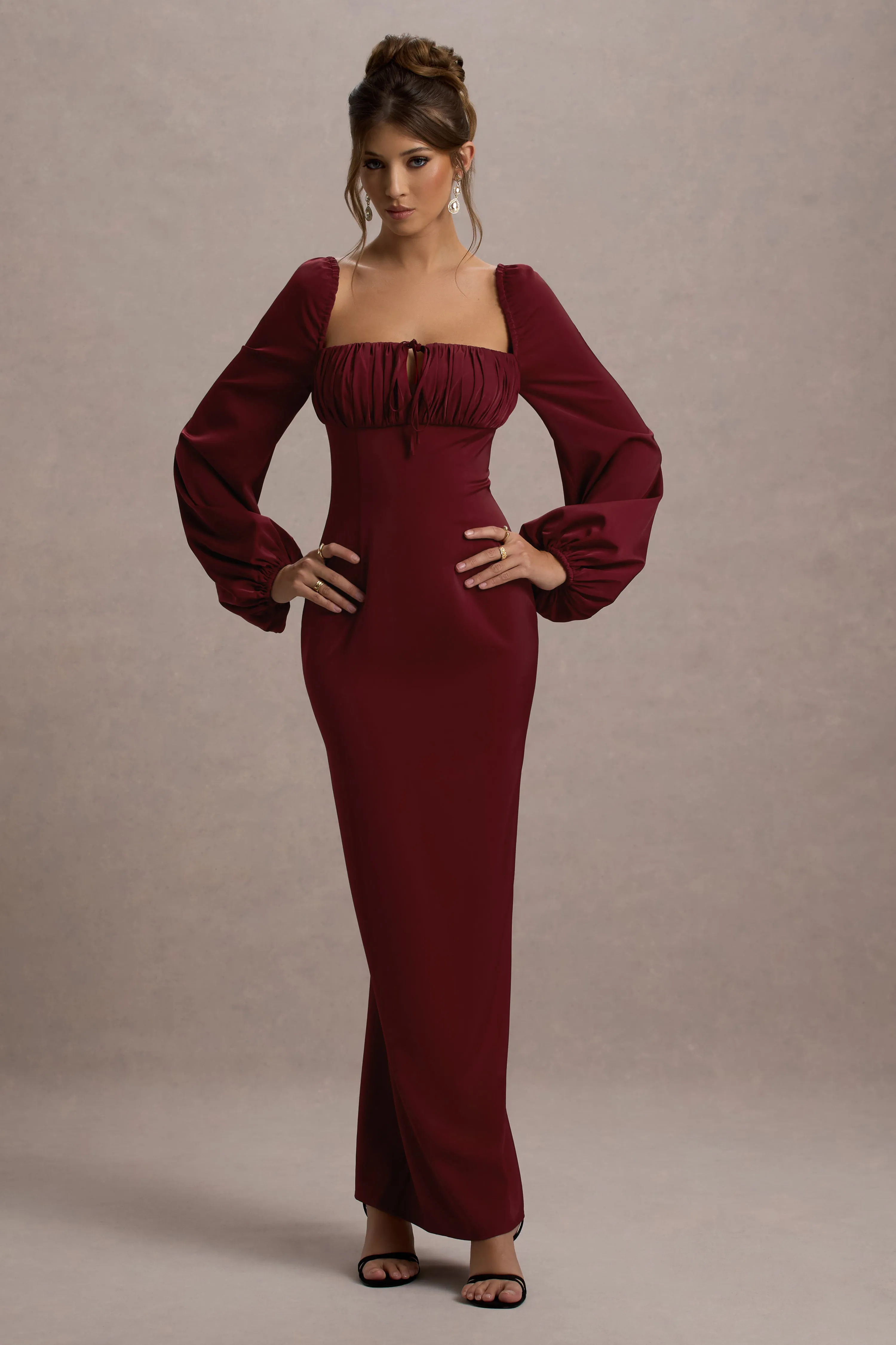 Nika | Berry Satin Square-Neck Balloon-Sleeve Maxi Dress Club L London