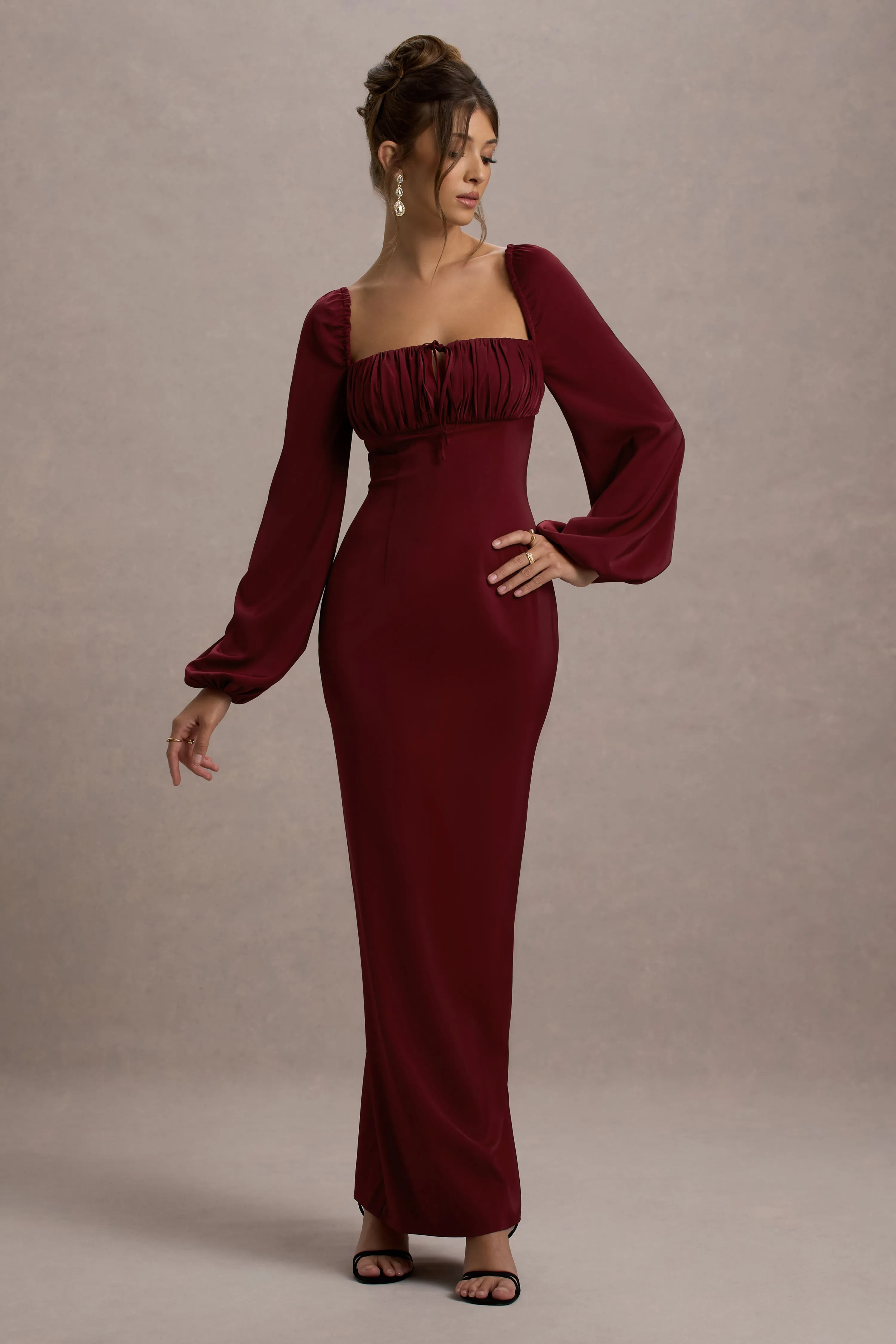 Nika | Berry Satin Square-Neck Balloon-Sleeve Maxi Dress Club L London
