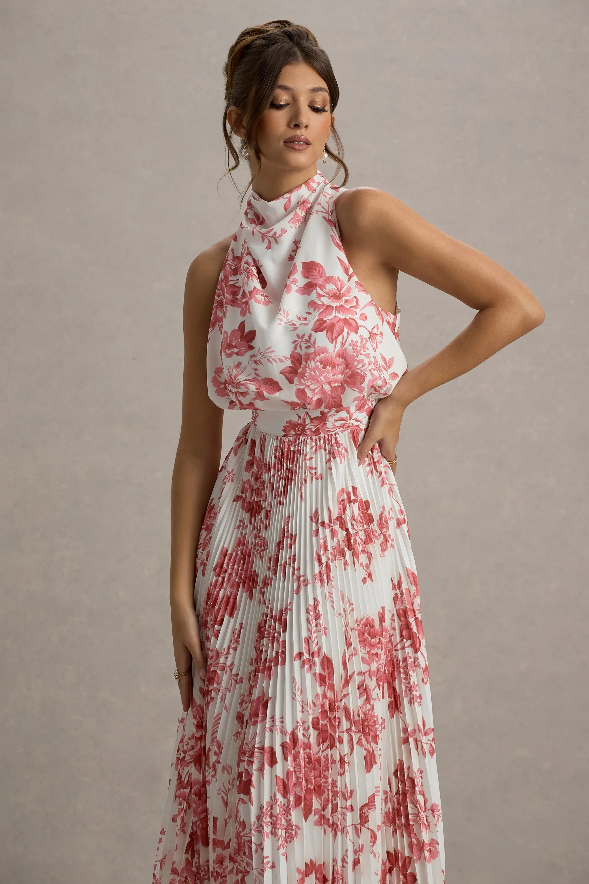 Nila | Pink Porcelain Print Cowl-Neck Midi Dress With Plisse Skirt Club L London