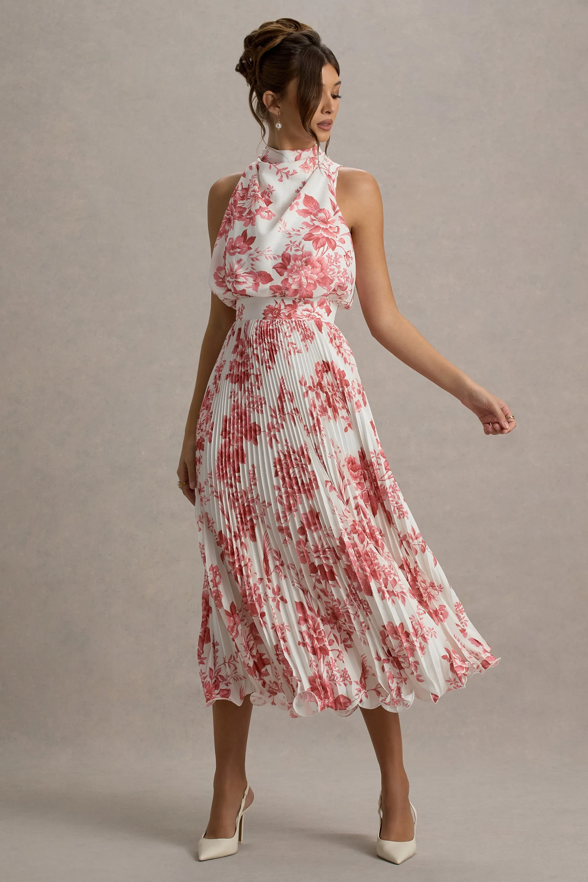 Nila | Pink Porcelain Print Cowl-Neck Midi Dress With Plisse Skirt Club L London