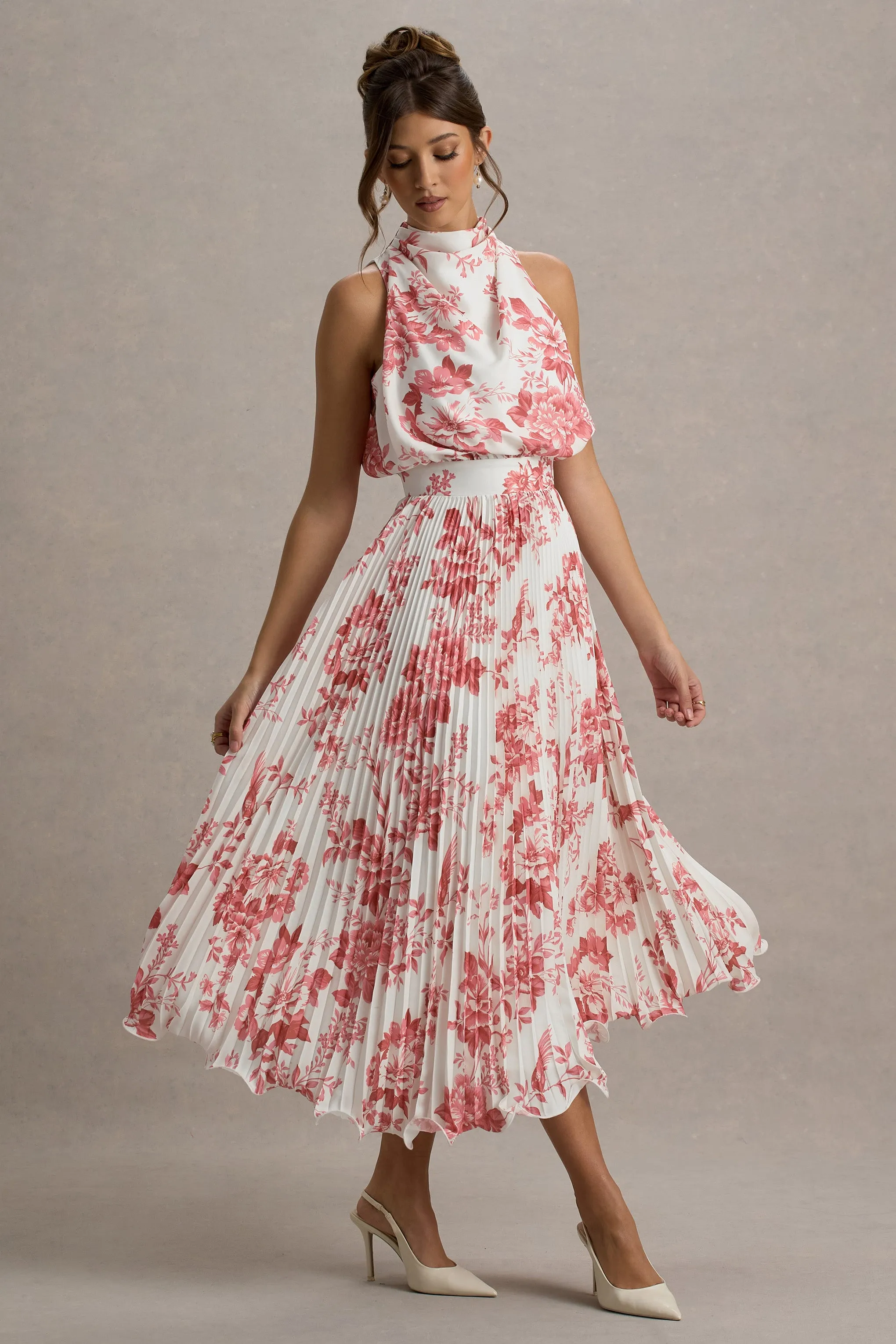 Nila | Pink Porcelain Print Cowl-Neck Midi Dress With Plisse Skirt Club L London
