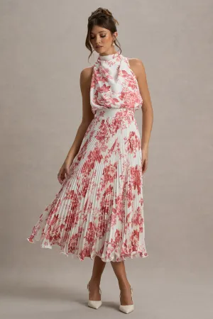 Nila | Pink Porcelain Print Cowl-Neck Midi Dress With Plisse Skirt Club L London