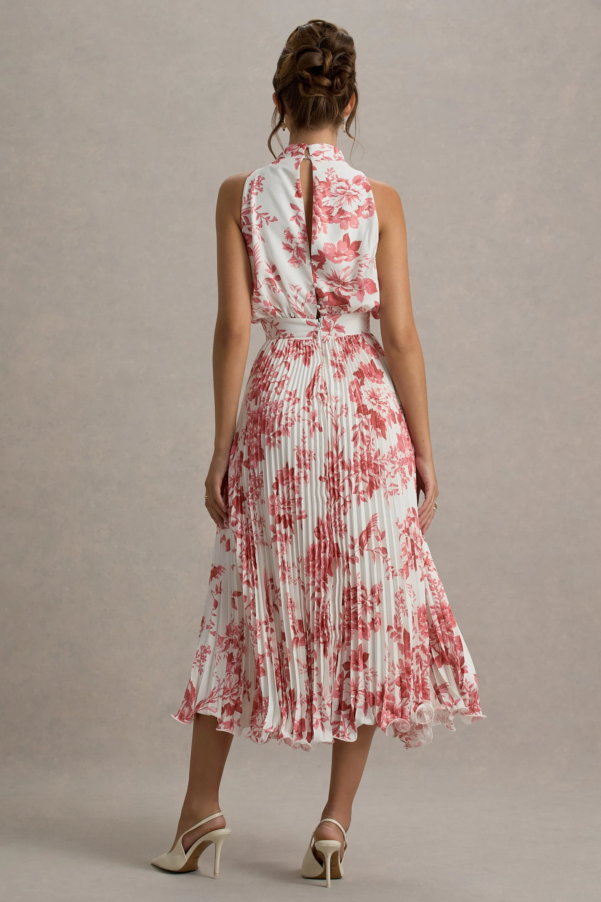 Nila | Pink Porcelain Print Cowl-Neck Midi Dress With Plisse Skirt Club L London