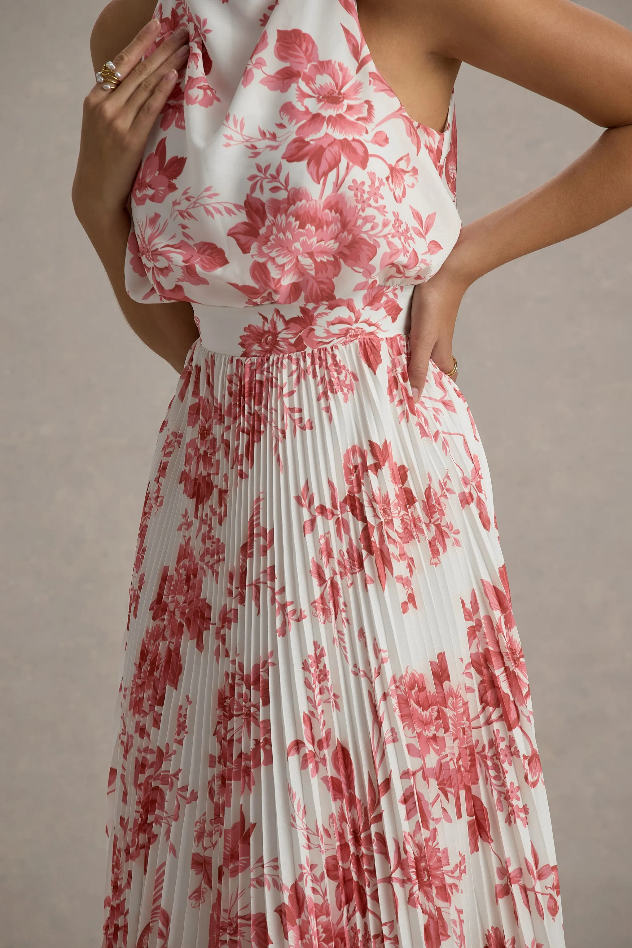 Nila | Pink Porcelain Print Cowl-Neck Midi Dress With Plisse Skirt Club L London
