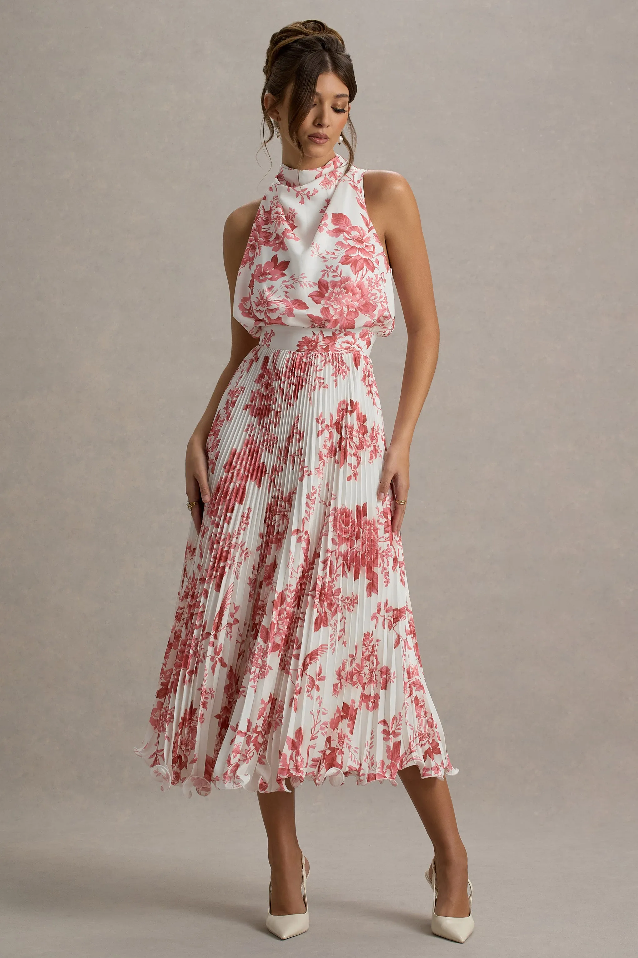 Nila | Pink Porcelain Print Cowl-Neck Midi Dress With Plisse Skirt Club L London