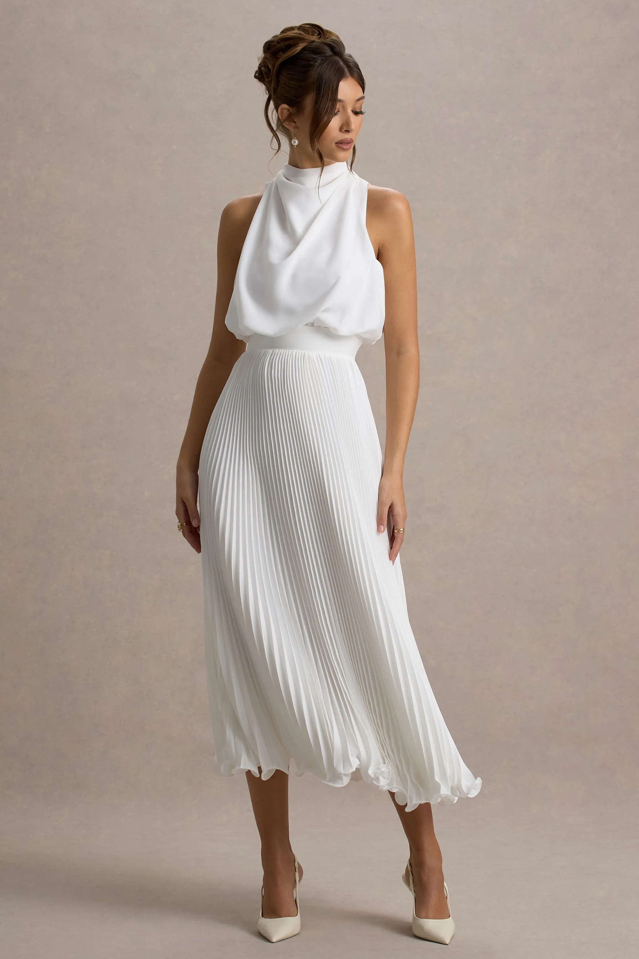 Nila | White Cowl-Neck Midi Dress With Plisse Skirt Club L London