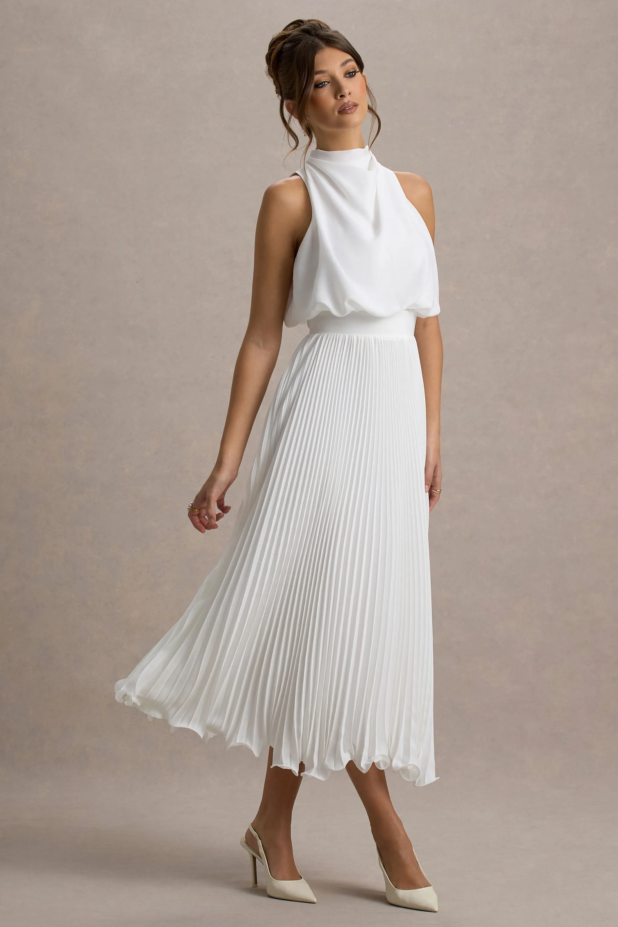 Nila | White Cowl-Neck Midi Dress With Plisse Skirt Club L London