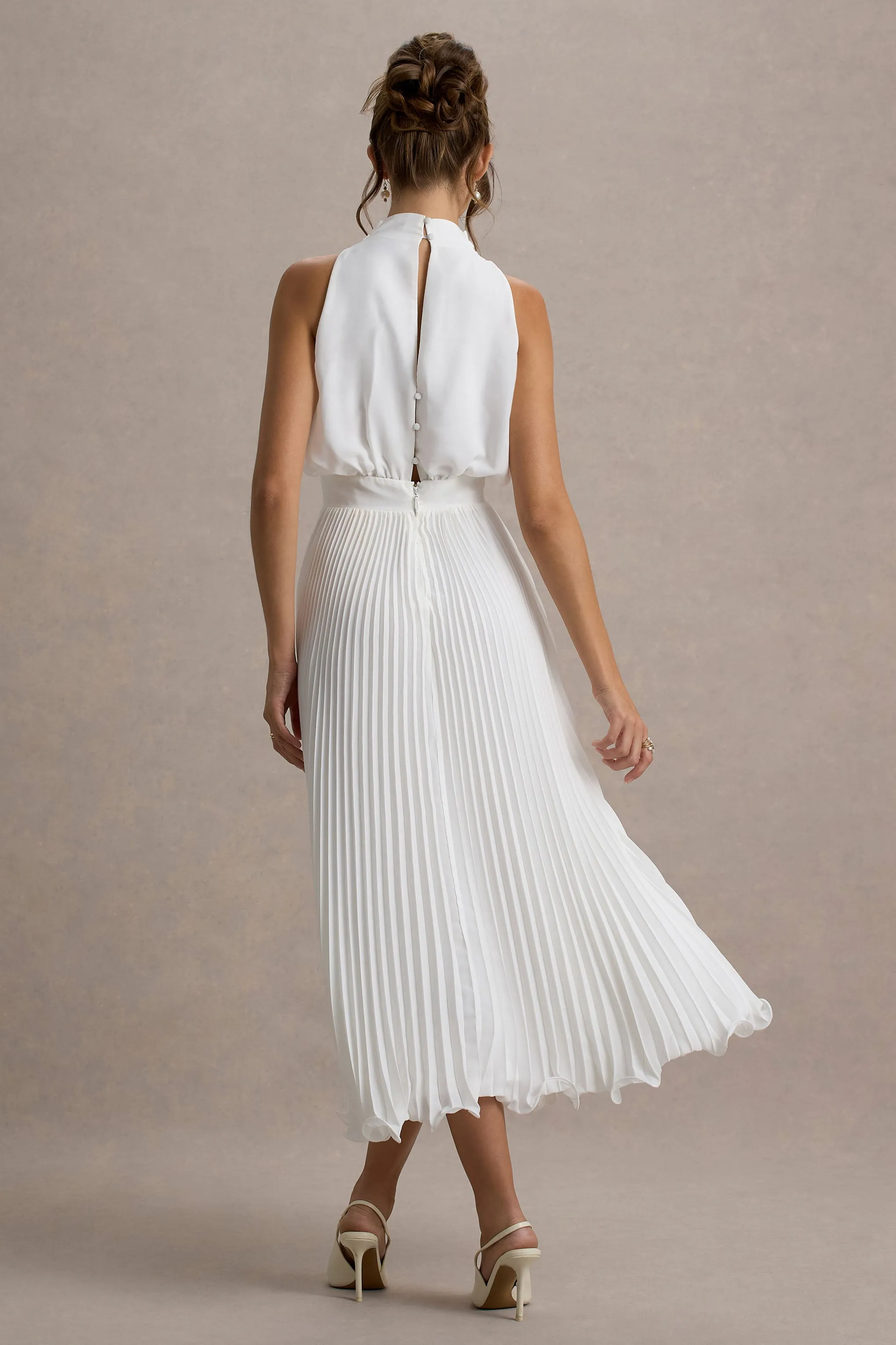 Nila | White Cowl-Neck Midi Dress With Plisse Skirt Club L London