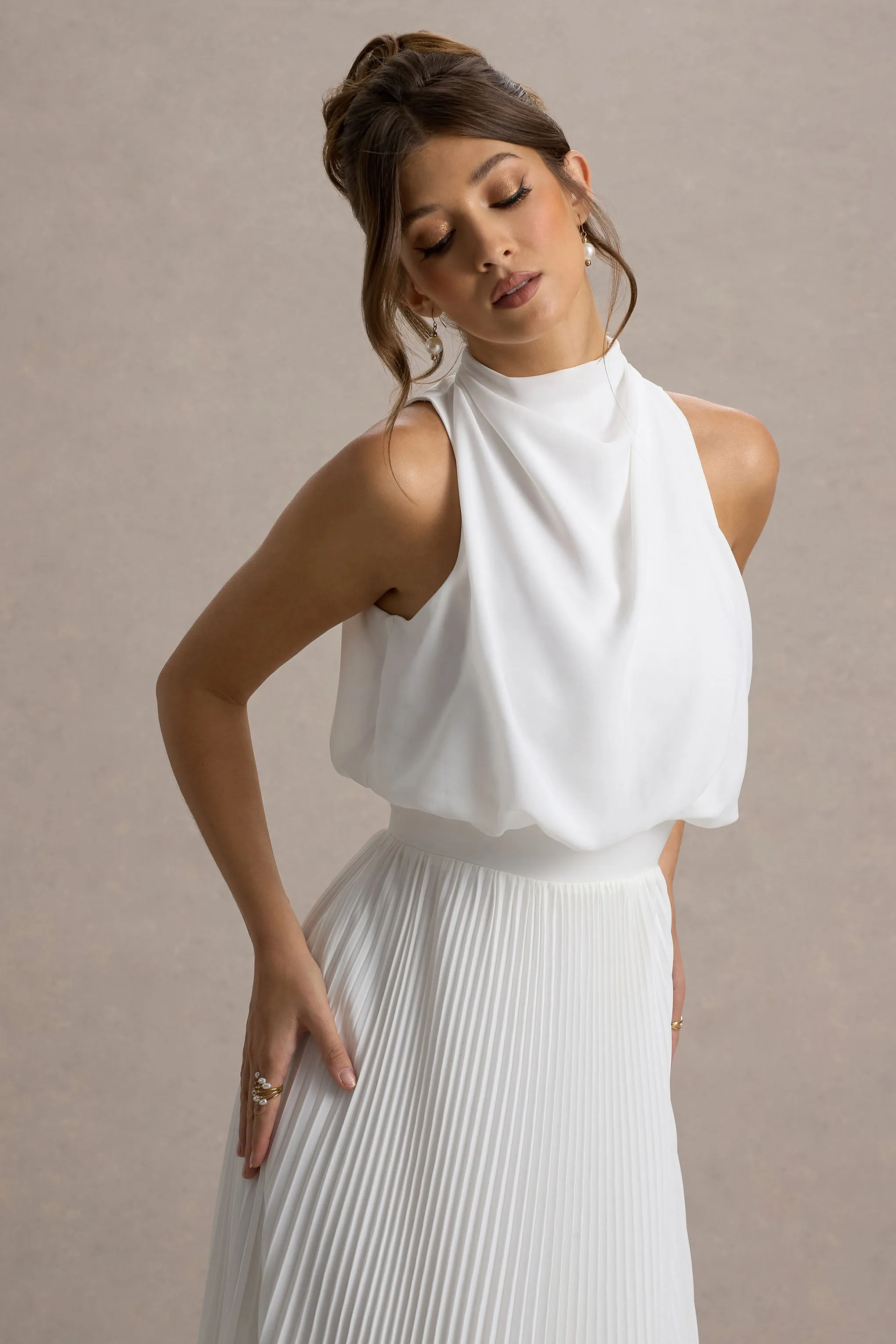 Nila | White Cowl-Neck Midi Dress With Plisse Skirt Club L London