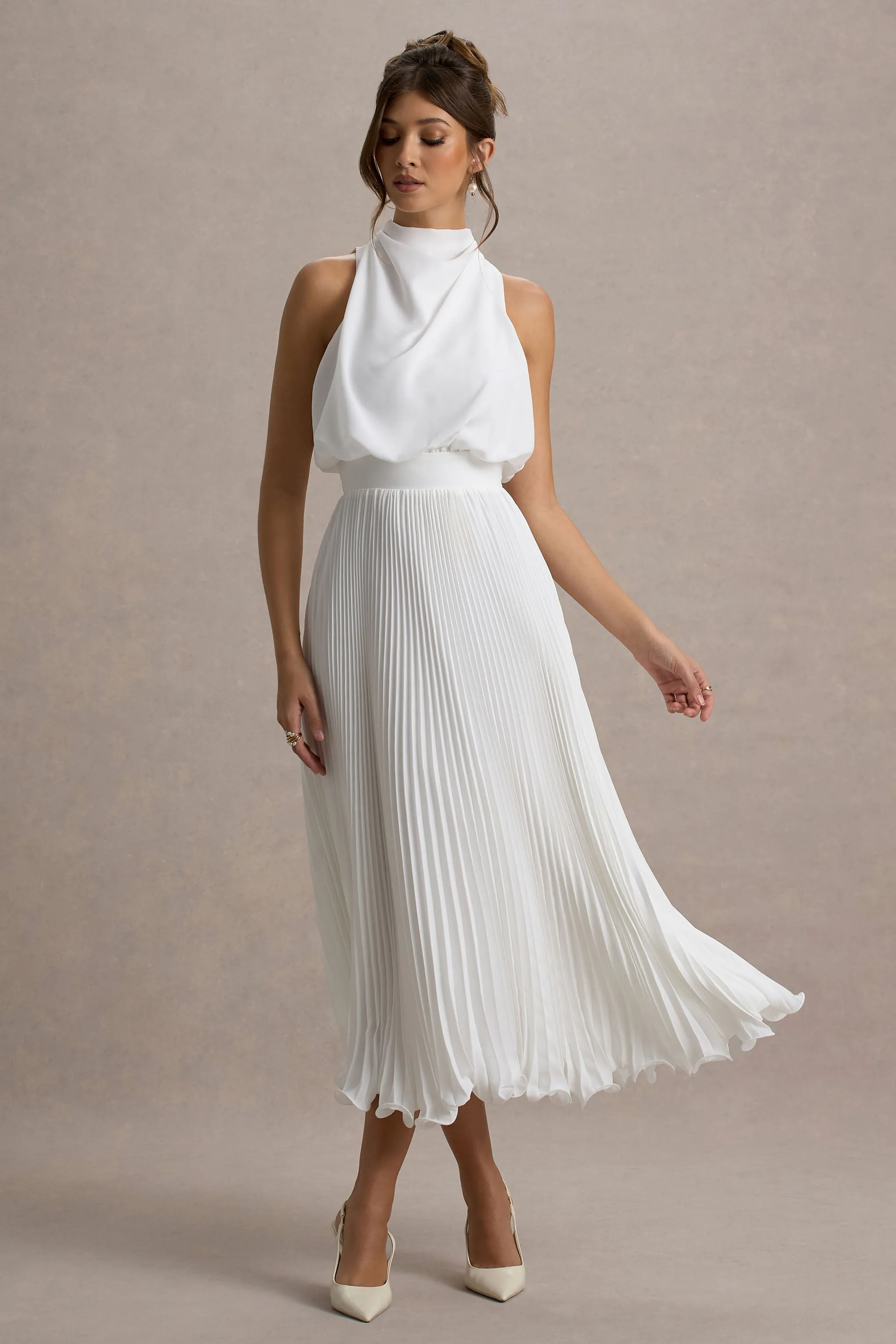 Nila | White Cowl-Neck Midi Dress With Plisse Skirt Club L London