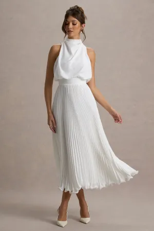 Nila | White Cowl-Neck Midi Dress With Plisse Skirt Club L London