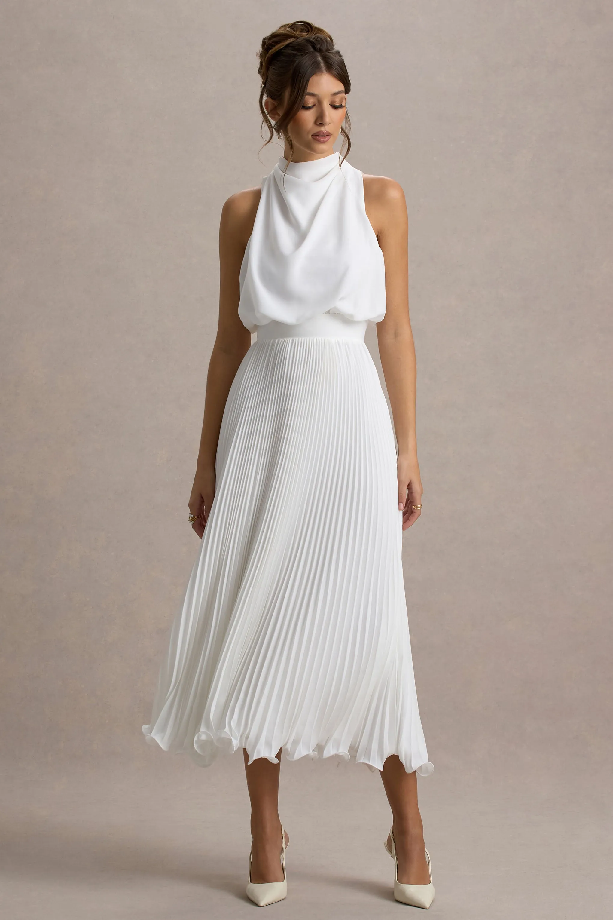 Nila | White Cowl-Neck Midi Dress With Plisse Skirt Club L London