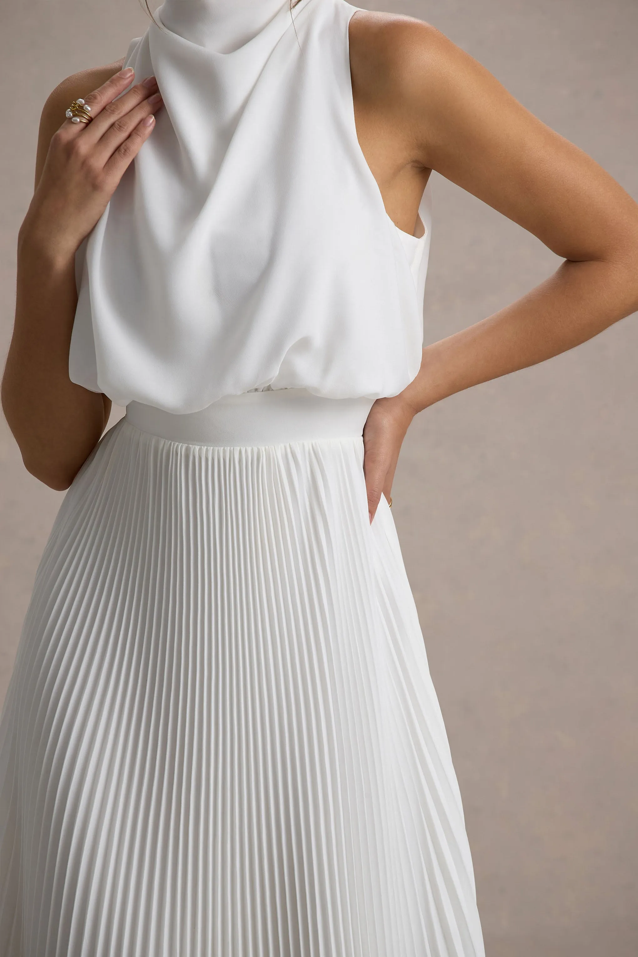 Nila | White Cowl-Neck Midi Dress With Plisse Skirt Club L London