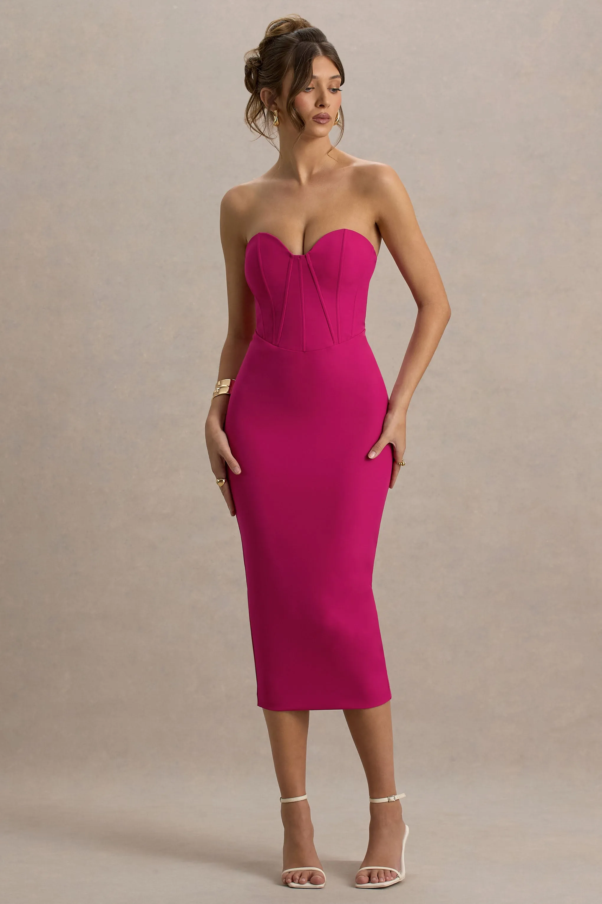 Nina | Dark Pink Structured Strapless Corset Midi Dress Club L London