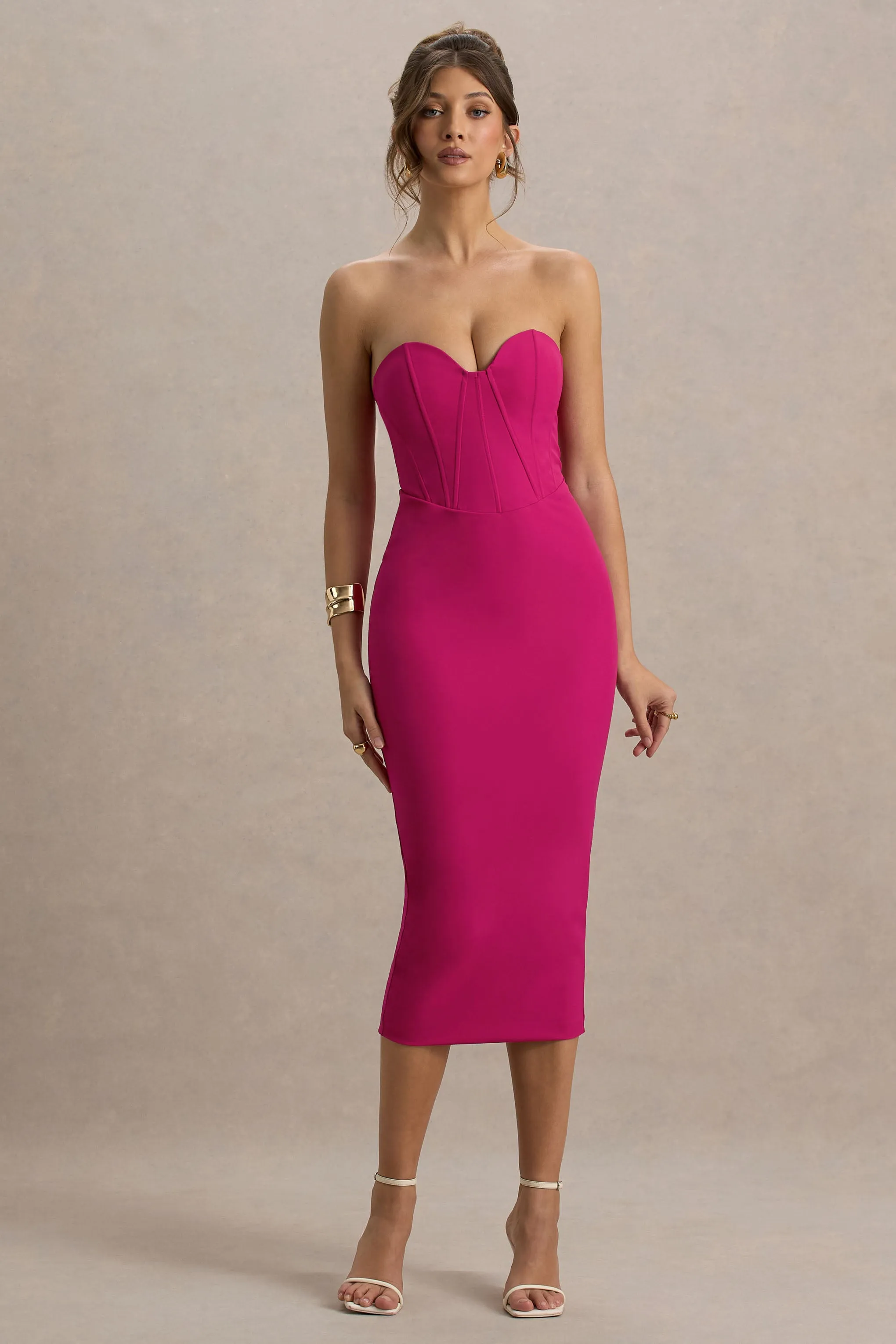 Nina | Dark Pink Structured Strapless Corset Midi Dress Club L London