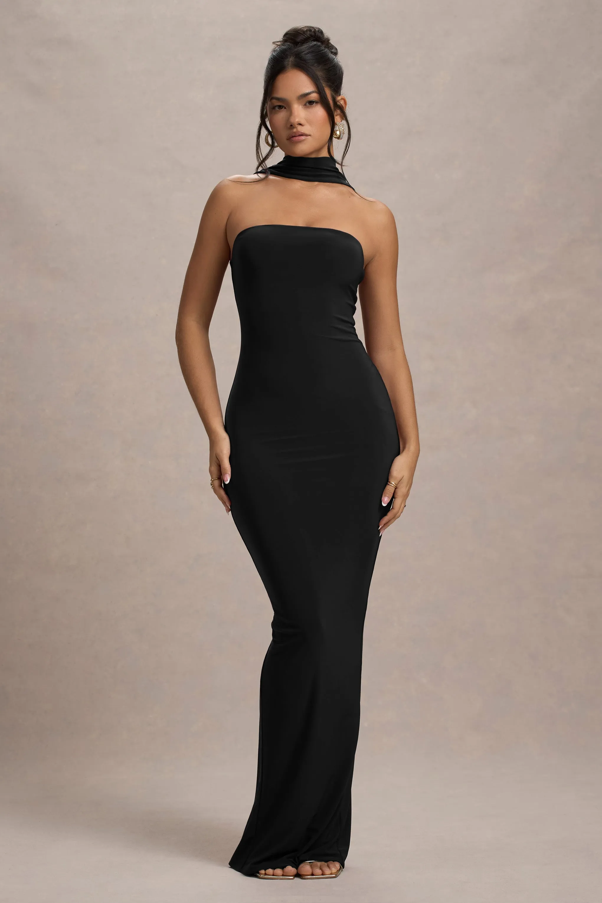 Nobu | Black Bandeau Maxi Dress With Halter-Collar Club L London