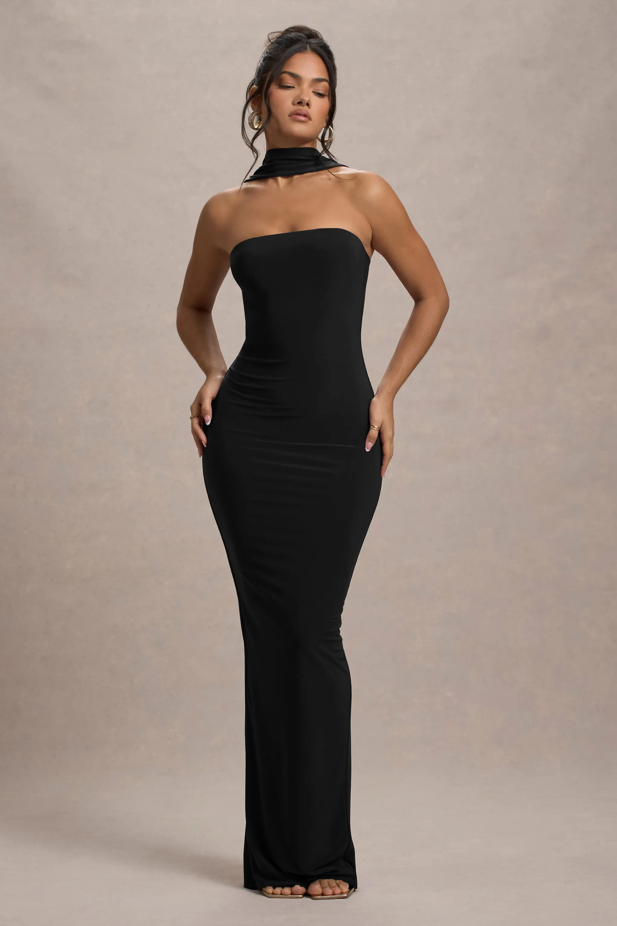 Nobu | Black Bandeau Maxi Dress With Halter-Collar Club L London