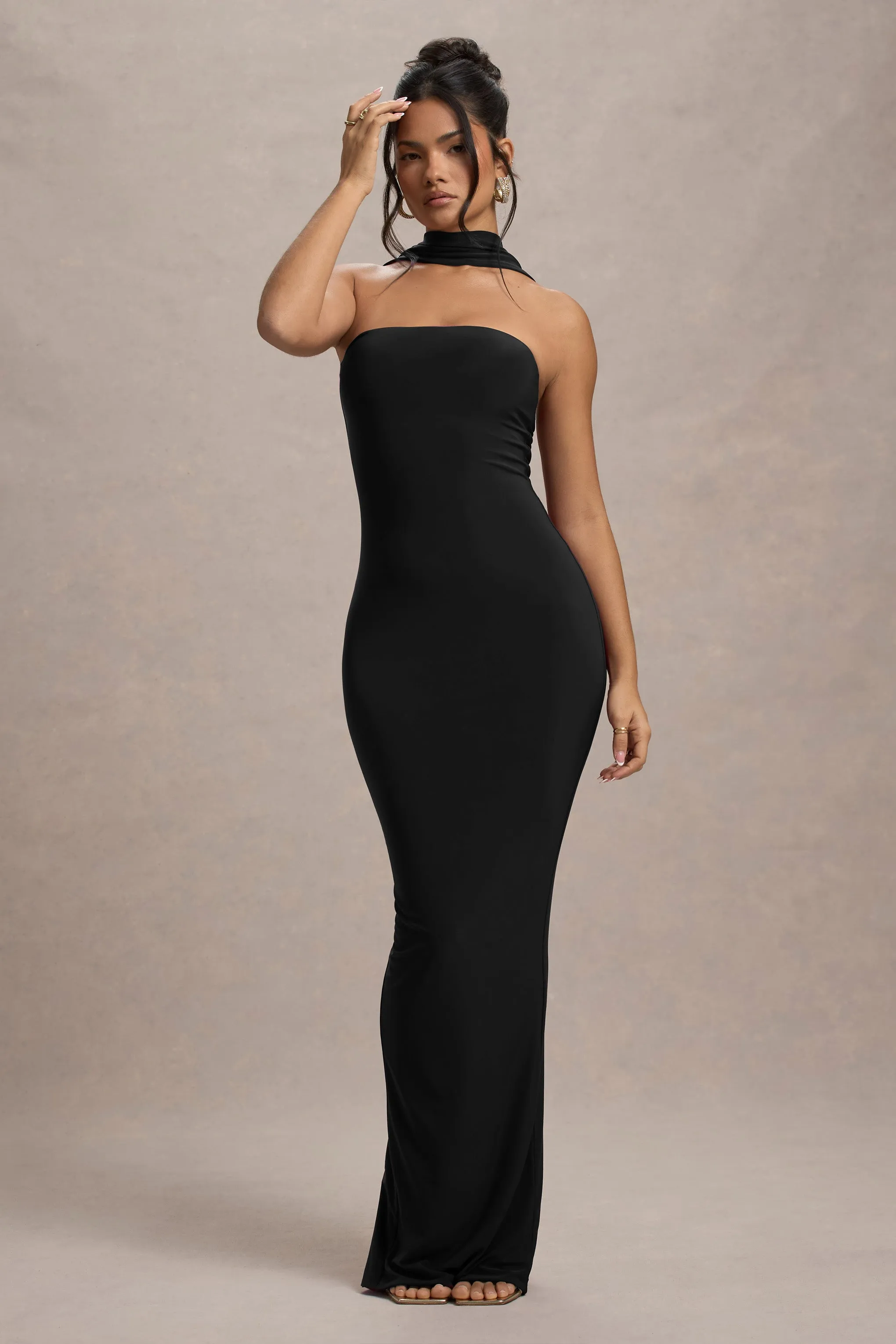 Nobu | Black Bandeau Maxi Dress With Halter-Collar Club L London