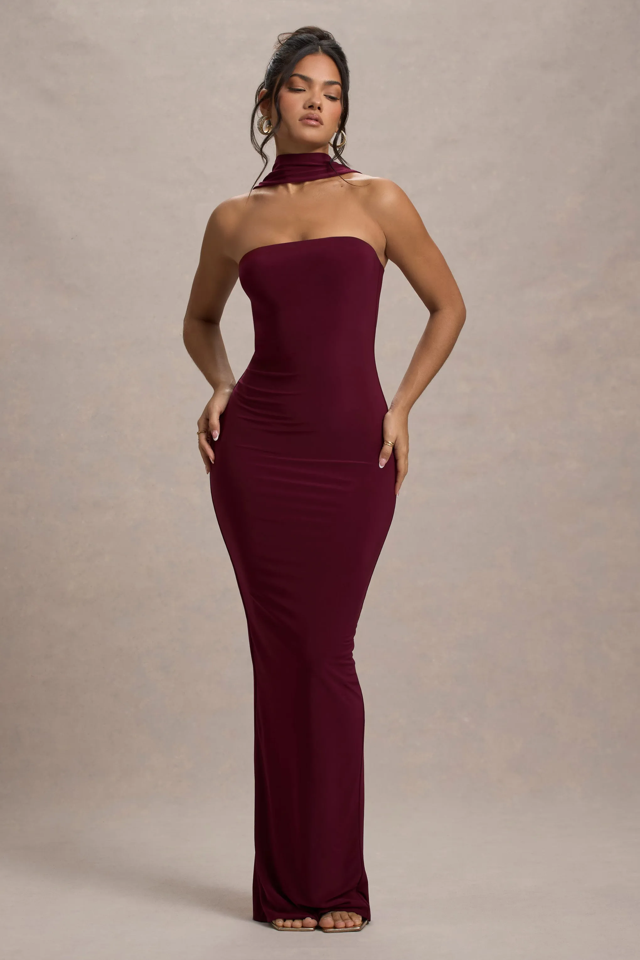Nobu | Burgundy Bandeau Maxi Dress With Halter-Collar Club L London