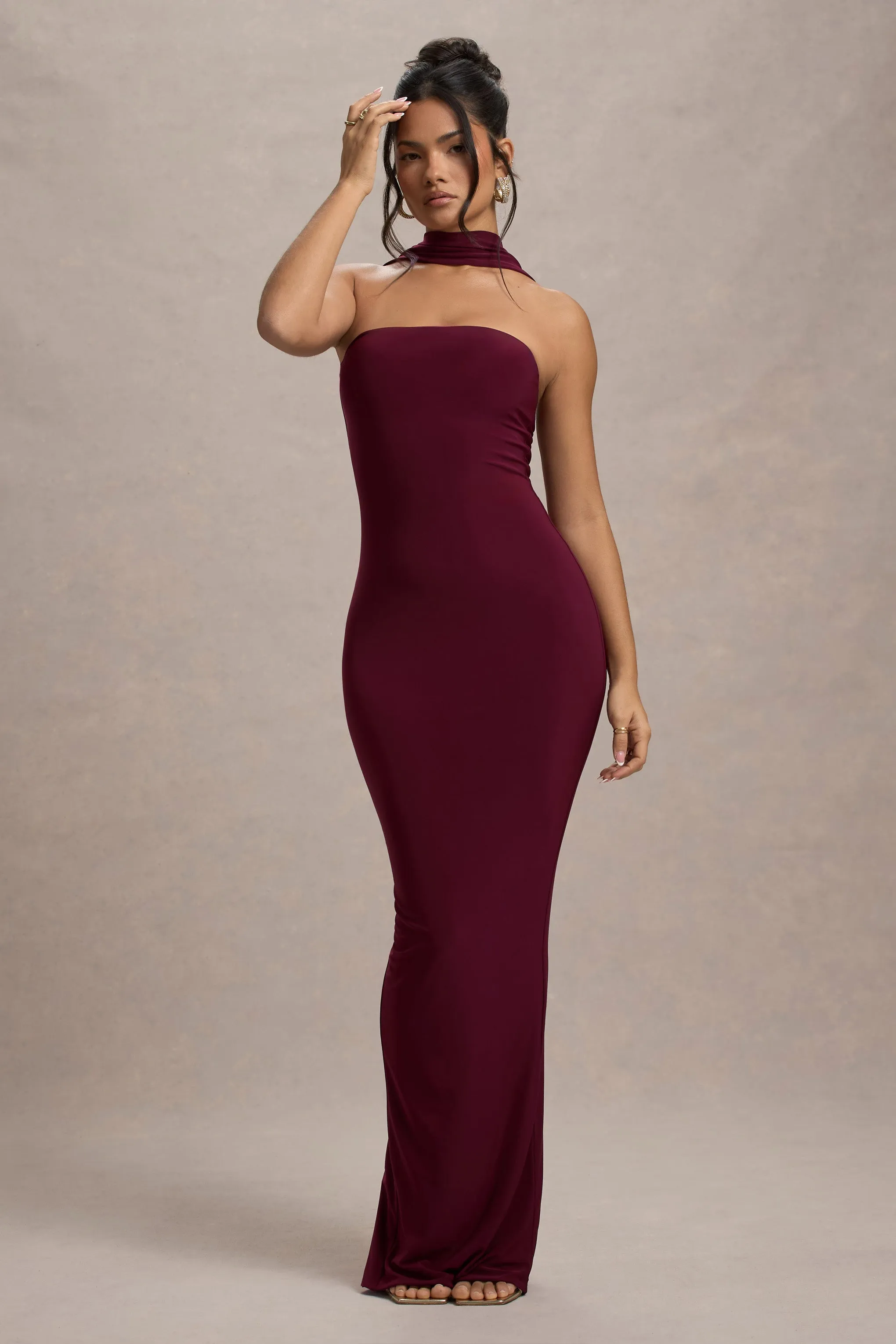 Nobu | Burgundy Bandeau Maxi Dress With Halter-Collar Club L London