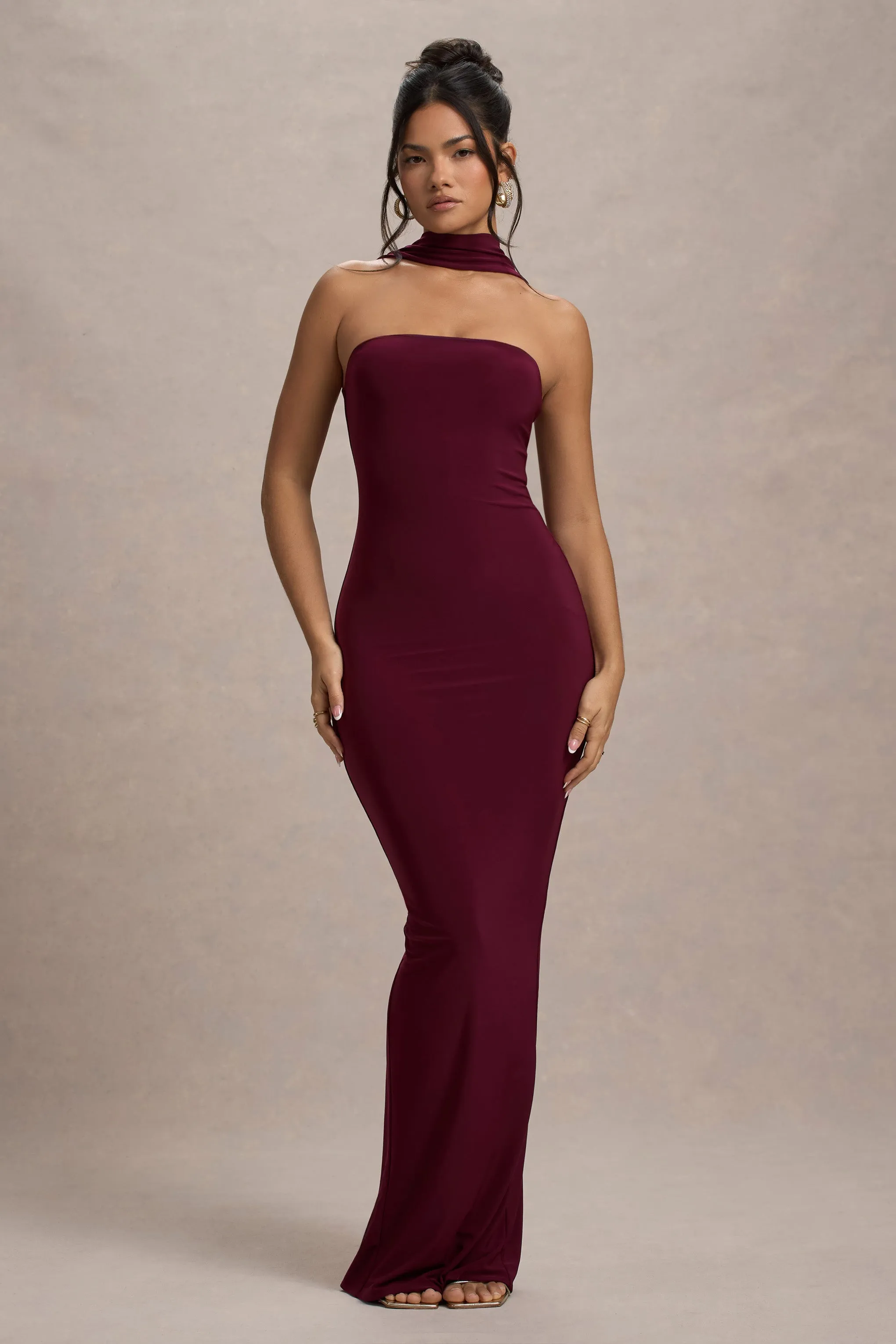 Nobu | Burgundy Bandeau Maxi Dress With Halter-Collar Club L London