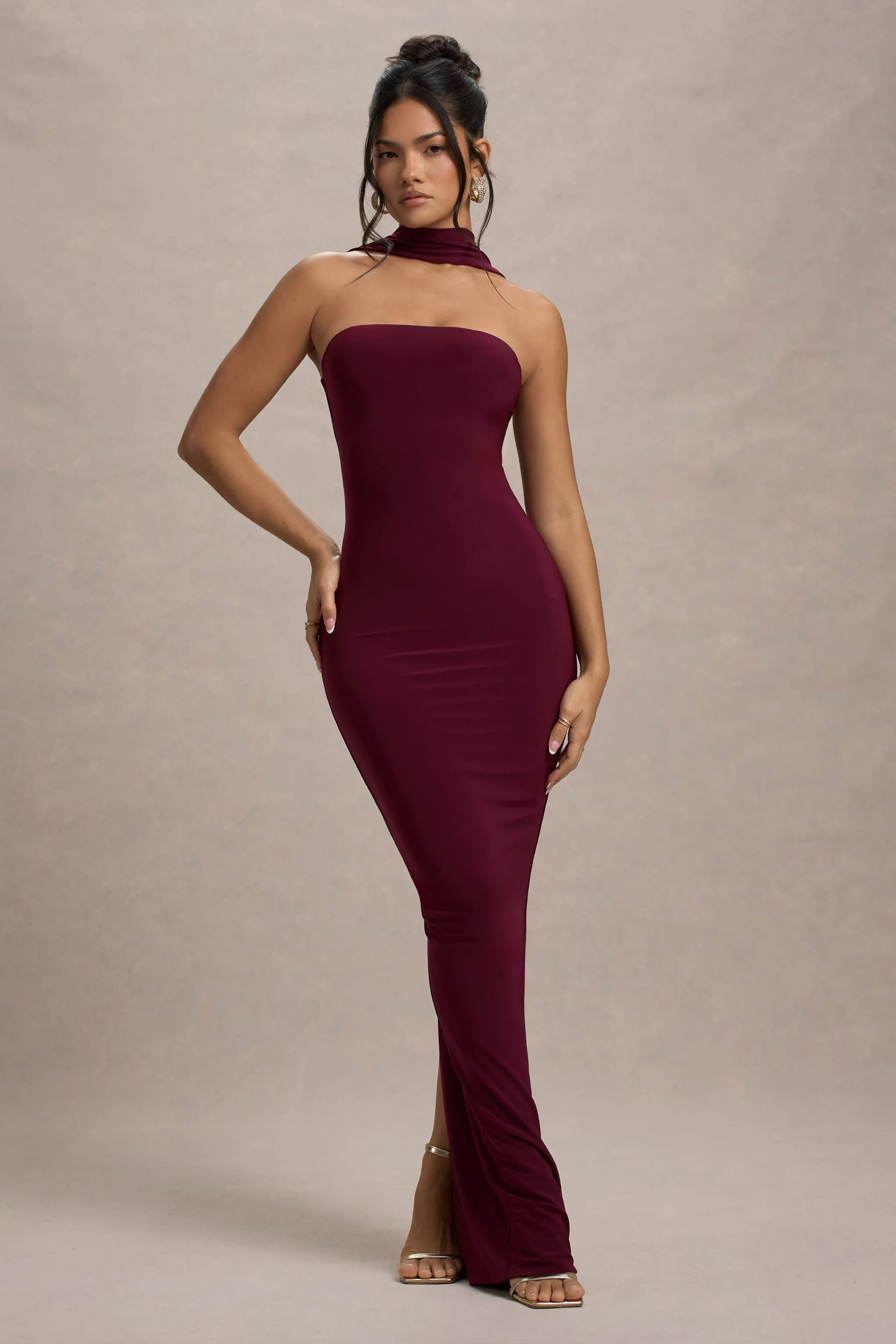 Nobu | Burgundy Bandeau Maxi Dress With Halter-Collar Club L London