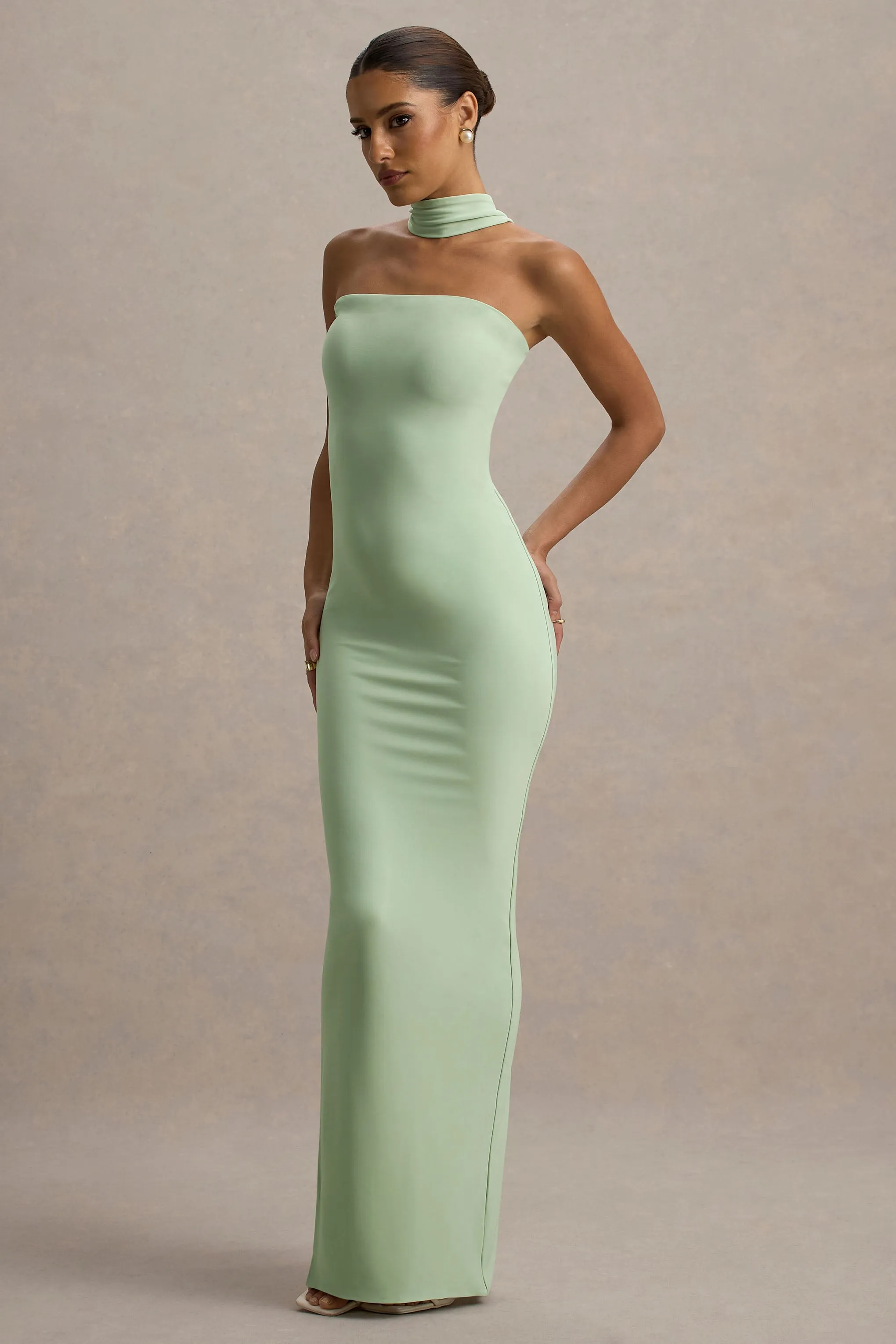 Nobu | Light Green Bandeau Maxi Dress With Halter-Collar Club L London