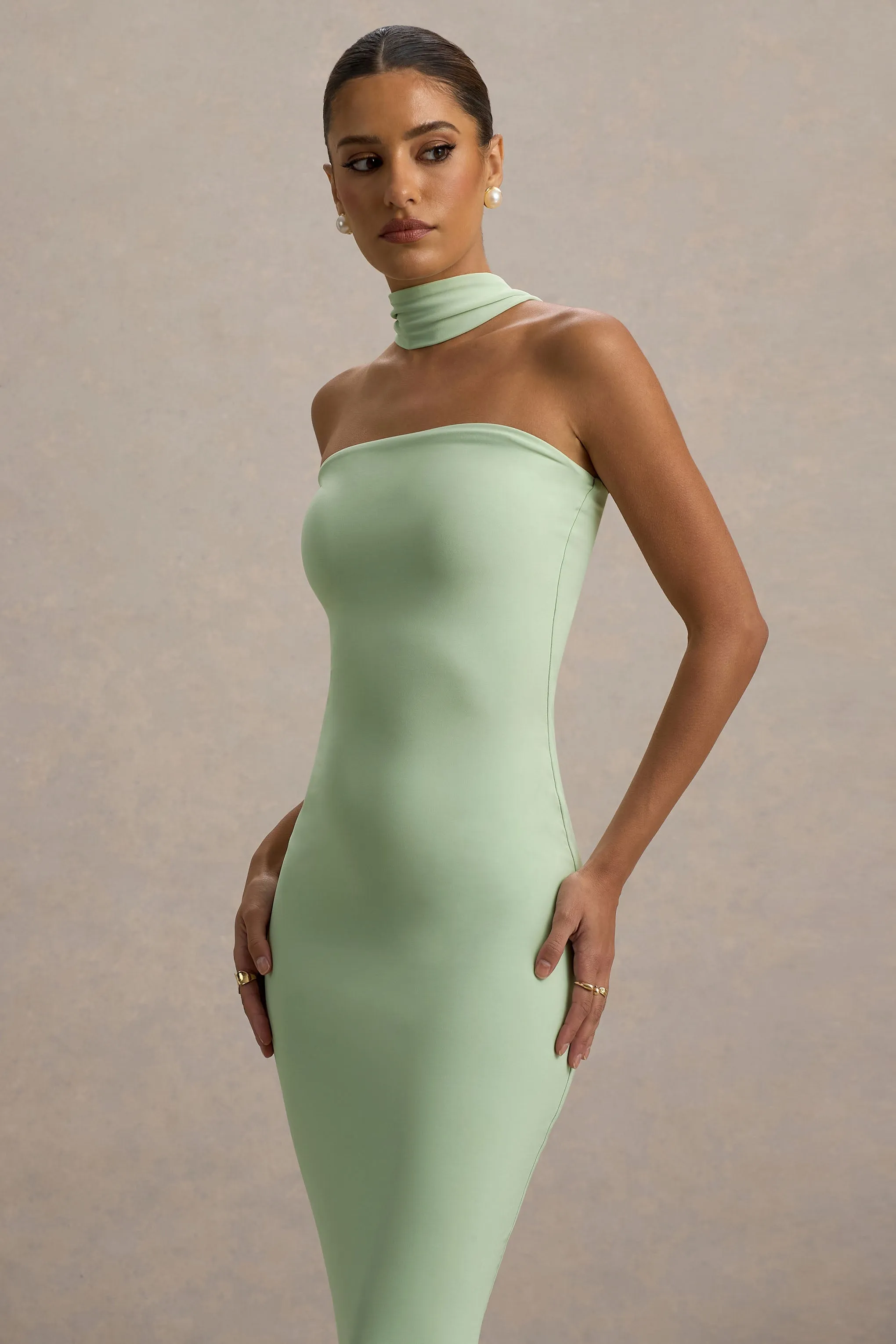 Nobu | Light Green Bandeau Maxi Dress With Halter-Collar Club L London