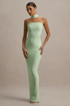 Nobu | Light Green Bandeau Maxi Dress With Halter-Collar Club L London