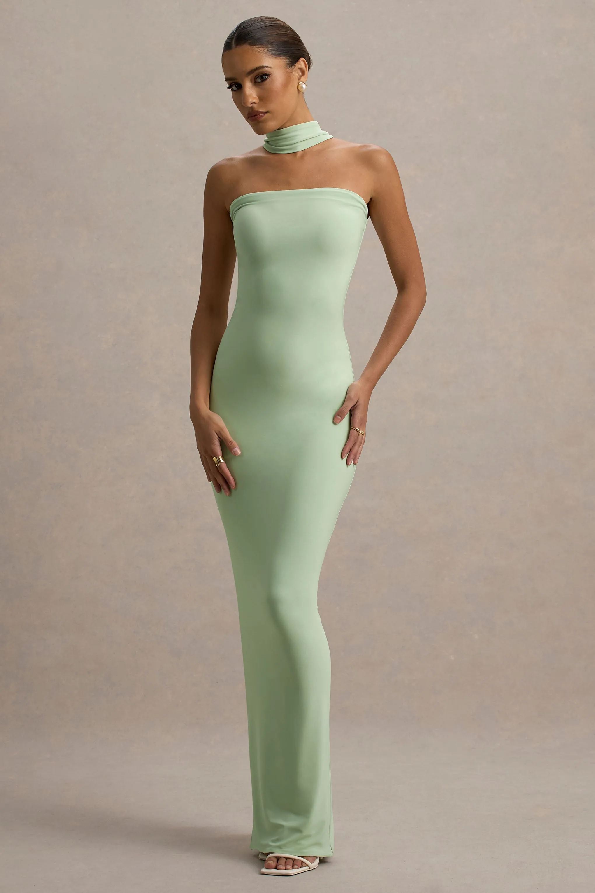 Nobu | Light Green Bandeau Maxi Dress With Halter-Collar Club L London
